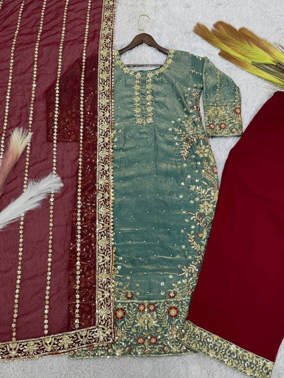 PRESERNTING NEW READY WEAR  SPACIAL FANCY DESIGN HEAVY EMBROIDERY AND SEQUENCE WORK TOP - PLAZZO WITH  DUPATTA ❤️