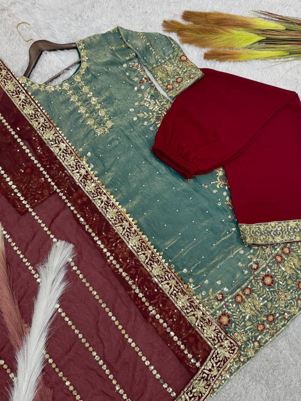 PRESERNTING NEW READY WEAR  SPACIAL FANCY DESIGN HEAVY EMBROIDERY AND SEQUENCE WORK TOP - PLAZZO WITH  DUPATTA ❤️