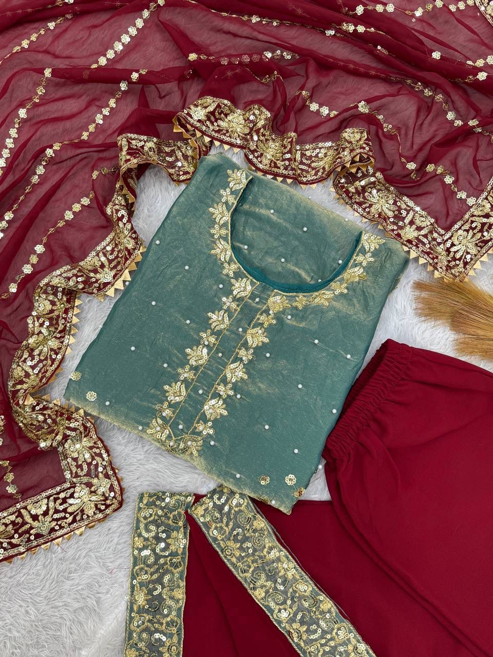 PRESERNTING NEW READY WEAR  SPACIAL FANCY DESIGN HEAVY EMBROIDERY AND SEQUENCE WORK TOP - PLAZZO WITH  DUPATTA ❤️