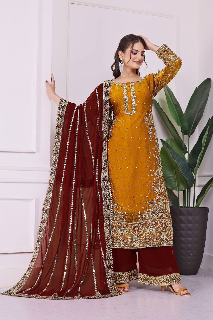 PRESERNTING NEW READY WEAR  SPACIAL FANCY DESIGN HEAVY EMBROIDERY AND SEQUENCE WORK TOP - PLAZZO WITH  DUPATTA ❤️