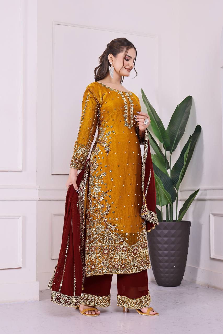 PRESERNTING NEW READY WEAR  SPACIAL FANCY DESIGN HEAVY EMBROIDERY AND SEQUENCE WORK TOP - PLAZZO WITH  DUPATTA ❤️