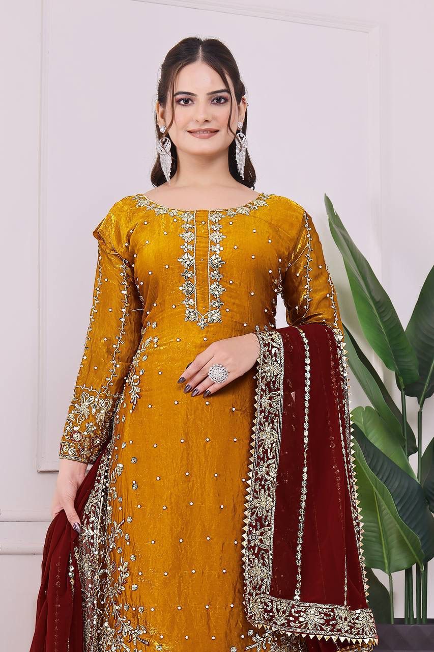 PRESERNTING NEW READY WEAR  SPACIAL FANCY DESIGN HEAVY EMBROIDERY AND SEQUENCE WORK TOP - PLAZZO WITH  DUPATTA ❤️