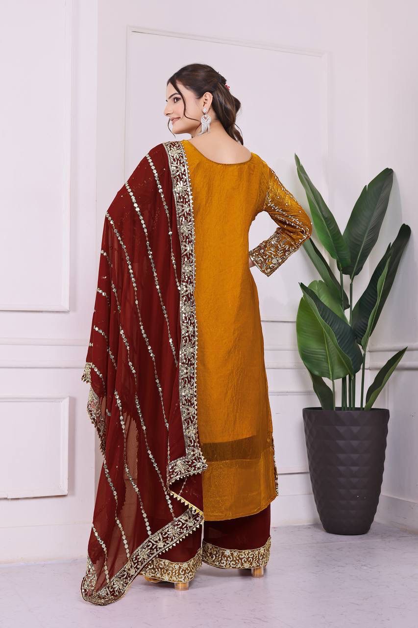 PRESERNTING NEW READY WEAR  SPACIAL FANCY DESIGN HEAVY EMBROIDERY AND SEQUENCE WORK TOP - PLAZZO WITH  DUPATTA ❤️