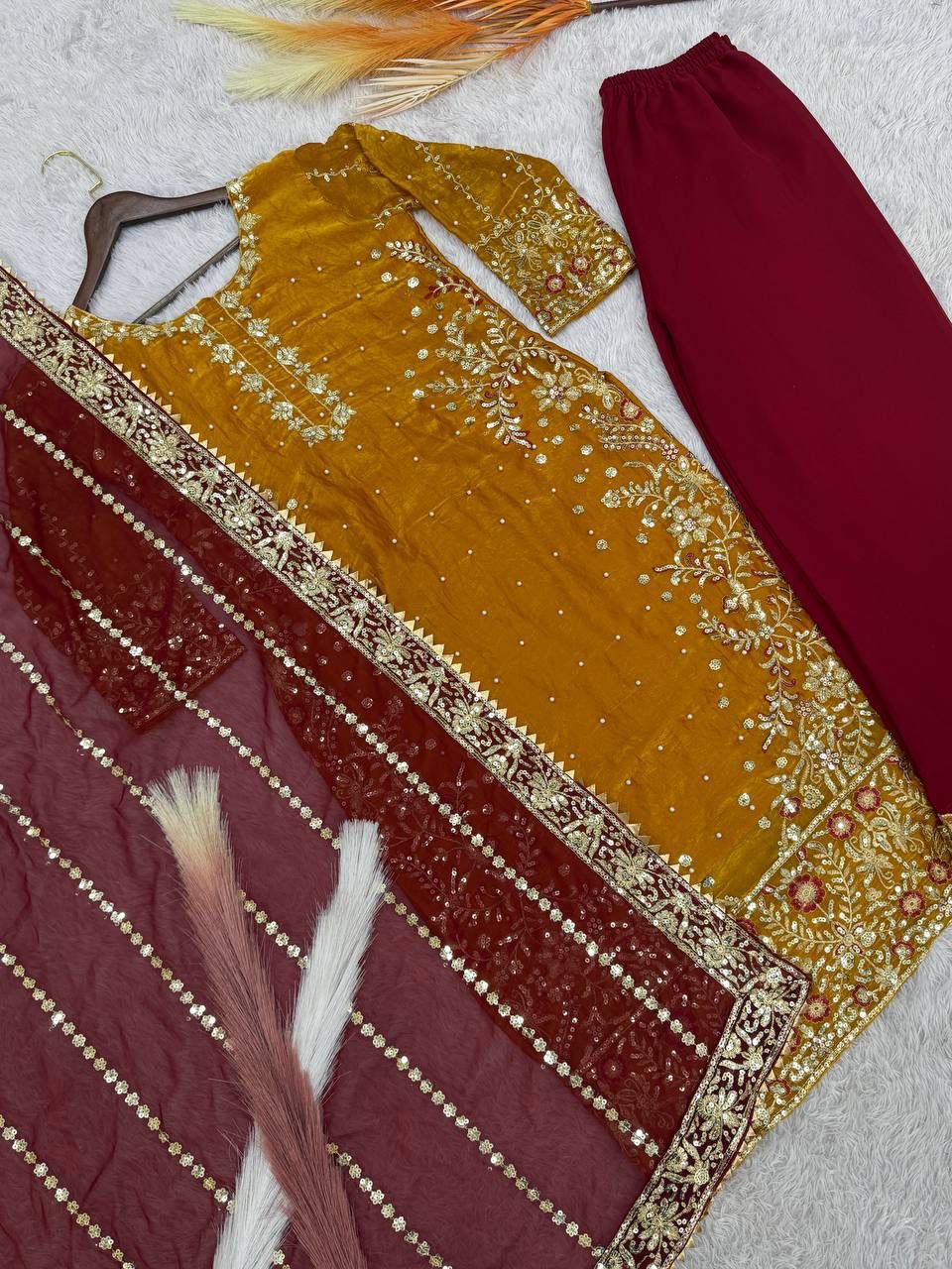 PRESERNTING NEW READY WEAR  SPACIAL FANCY DESIGN HEAVY EMBROIDERY AND SEQUENCE WORK TOP - PLAZZO WITH  DUPATTA ❤️