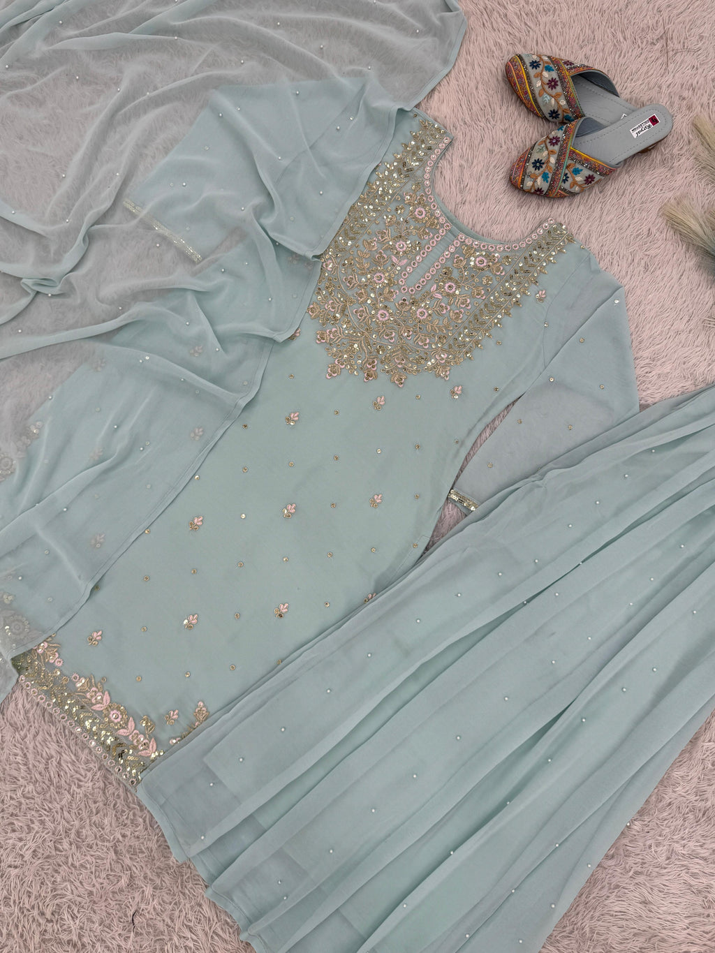 NEW READY TO WEAR SPACIAL FANCY DESIGN HEAVY EMBROIDERY AND SEQUENCE WORK TOP -PLAZZO   WITH  DUPATTA ❤️  👍