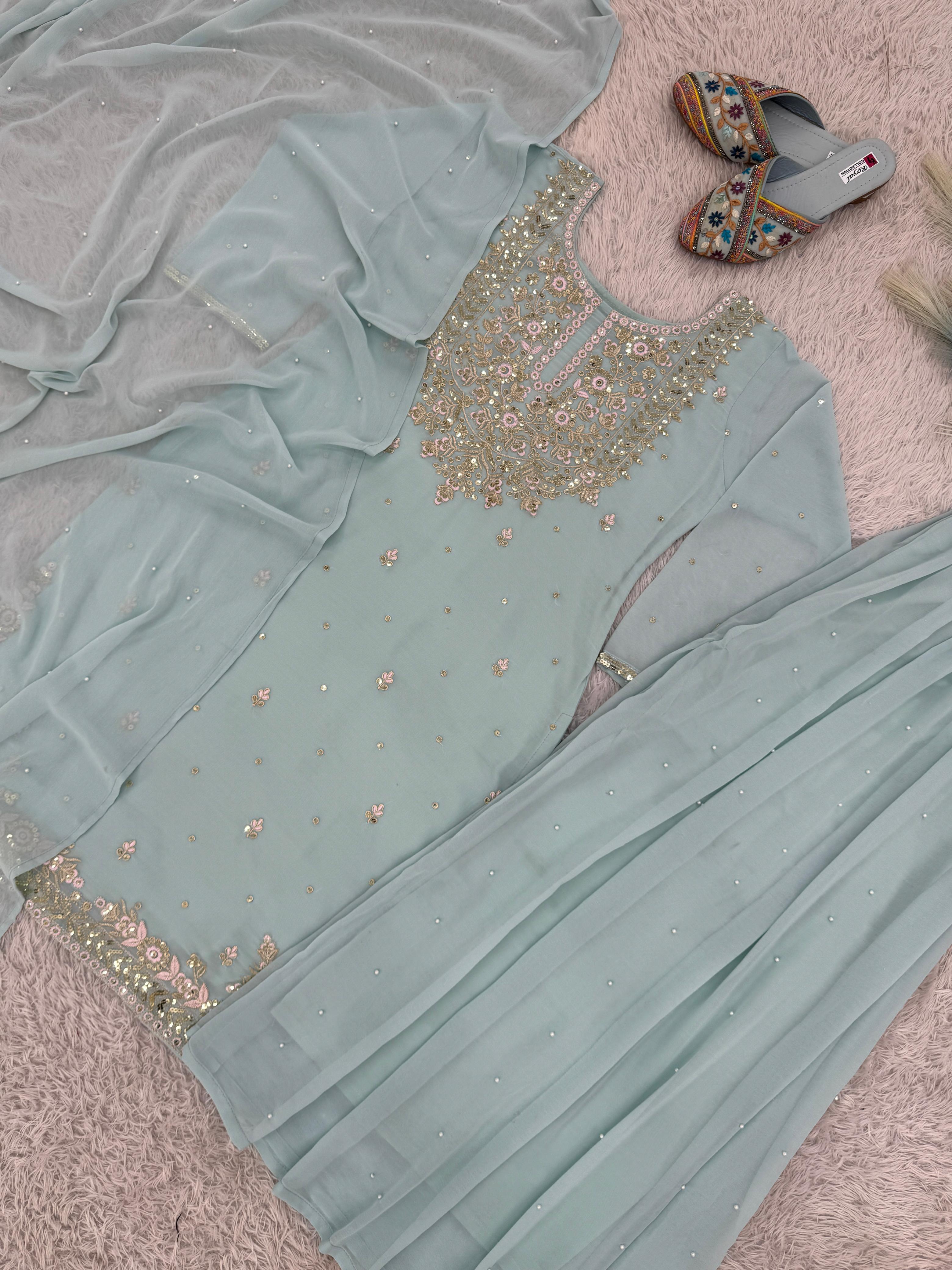 NEW READY TO WEAR SPACIAL FANCY DESIGN HEAVY EMBROIDERY AND SEQUENCE WORK TOP -PLAZZO   WITH  DUPATTA ❤️  👍