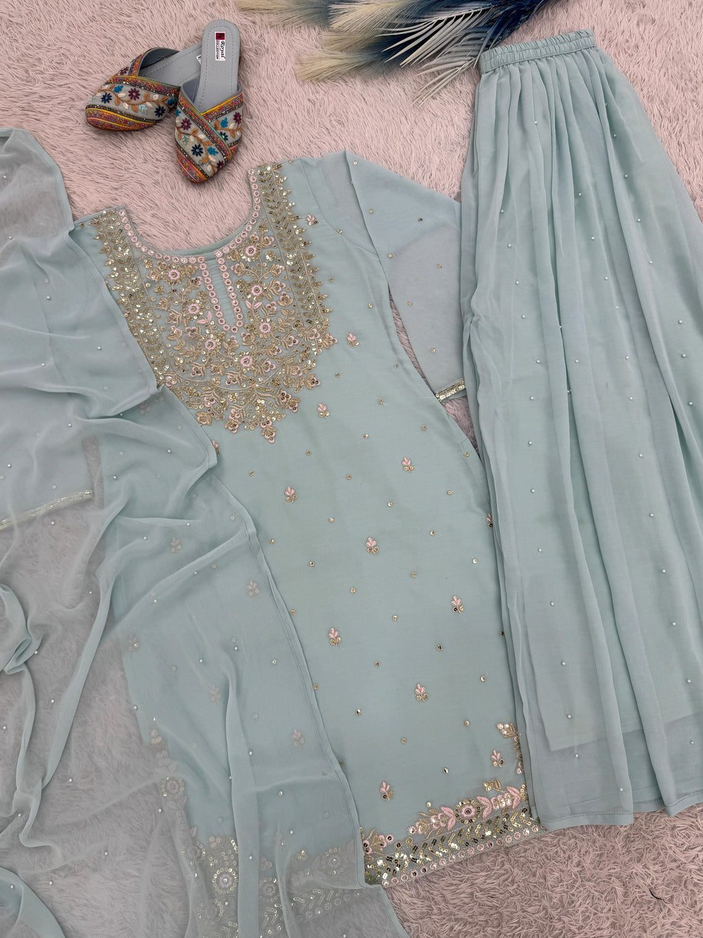NEW READY TO WEAR SPACIAL FANCY DESIGN HEAVY EMBROIDERY AND SEQUENCE WORK TOP -PLAZZO   WITH  DUPATTA ❤️  👍