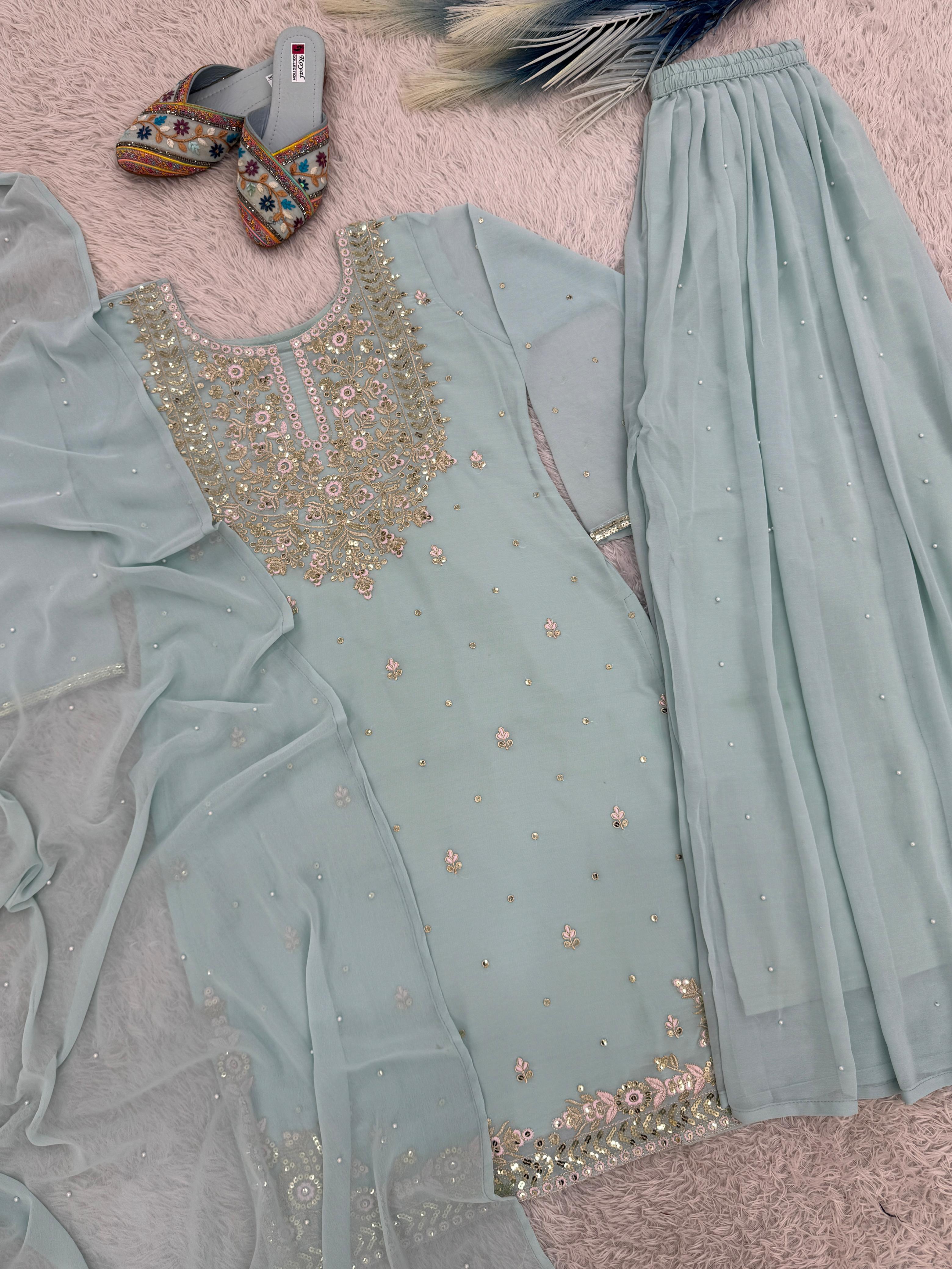 NEW READY TO WEAR SPACIAL FANCY DESIGN HEAVY EMBROIDERY AND SEQUENCE WORK TOP -PLAZZO   WITH  DUPATTA ❤️  👍