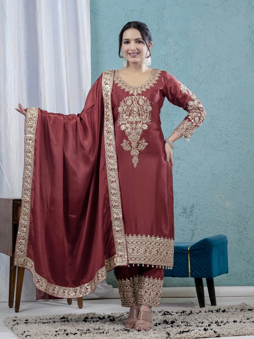 Pure Heavy Chinnon Silk With Heavy Embroidery Top Pant Set