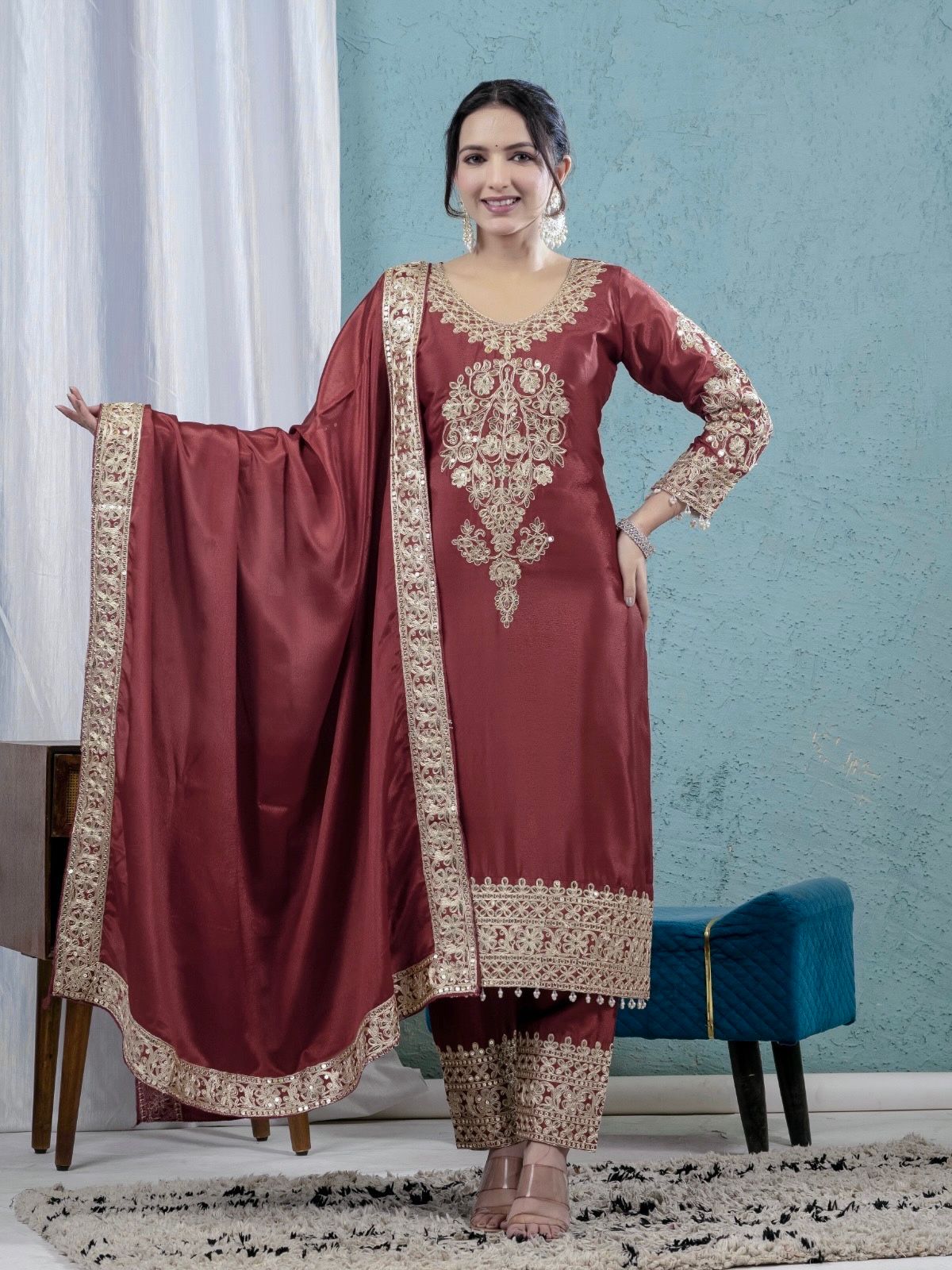 Pure Heavy Chinnon Silk With Heavy Embroidery Top Pant Set