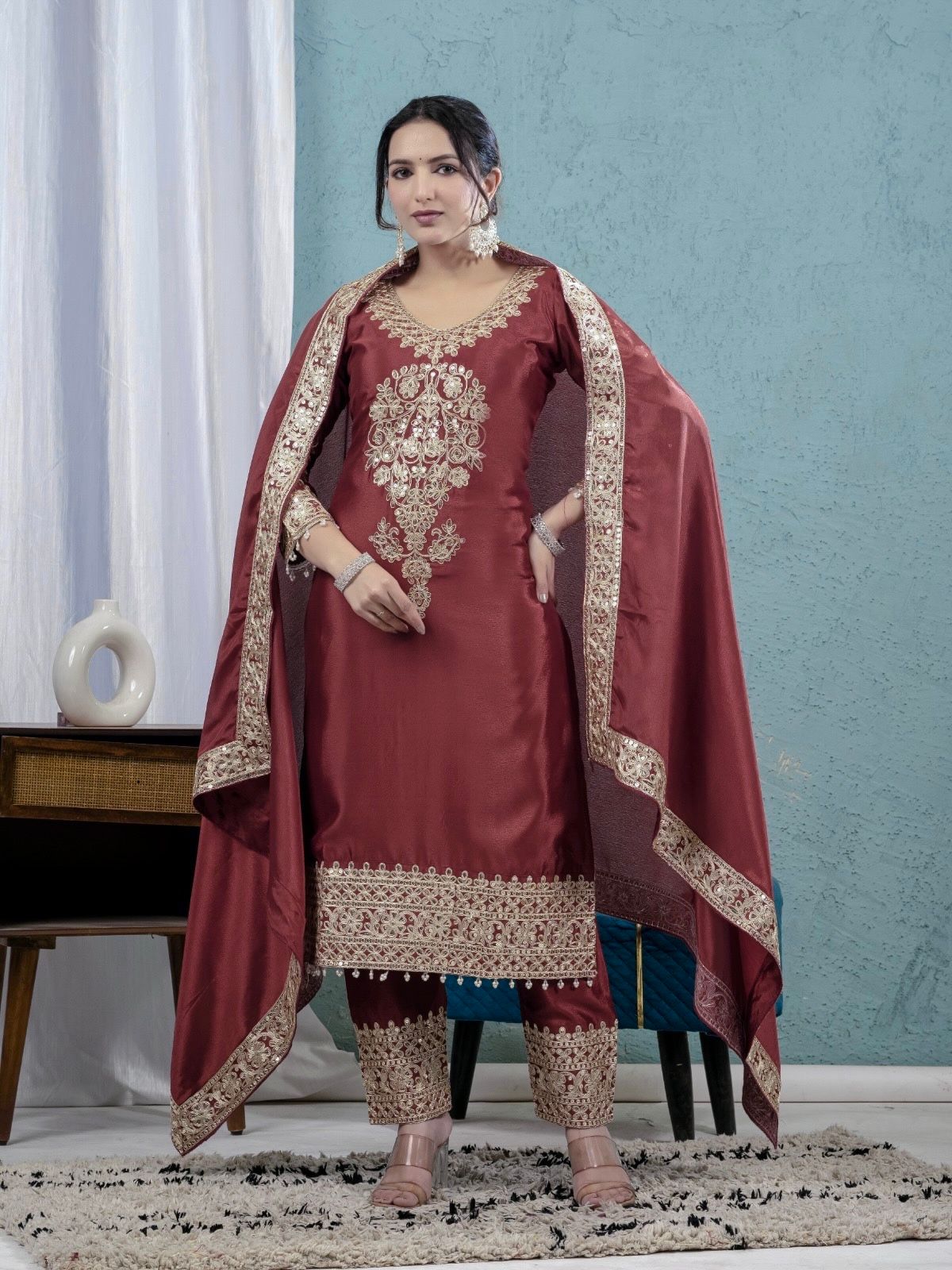 Pure Heavy Chinnon Silk With Heavy Embroidery Top Pant Set
