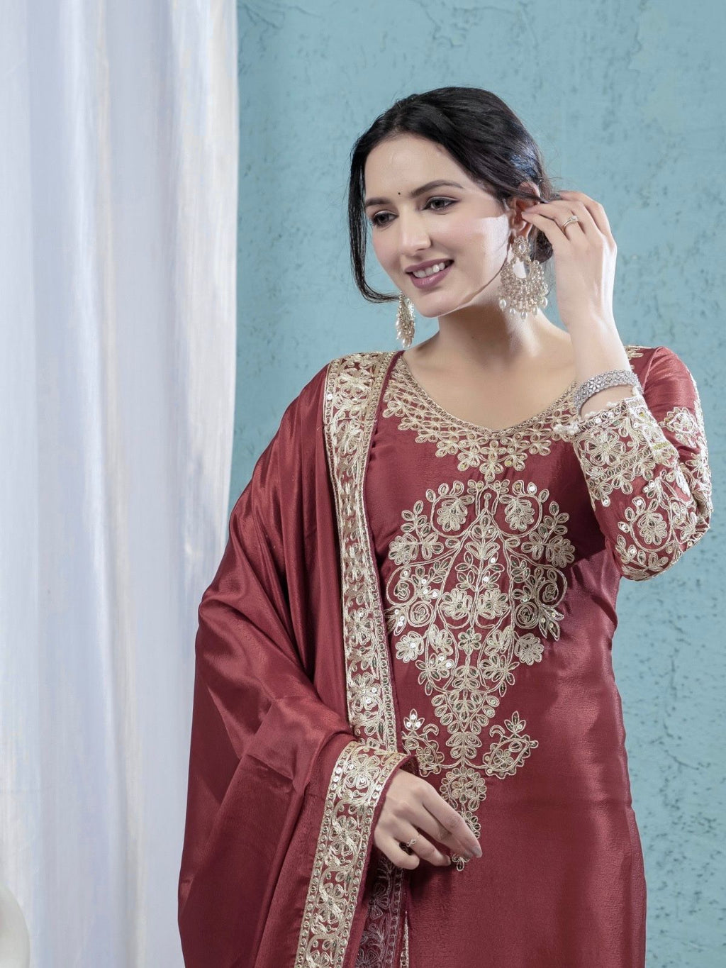 Pure Heavy Chinnon Silk With Heavy Embroidery Top Pant Set