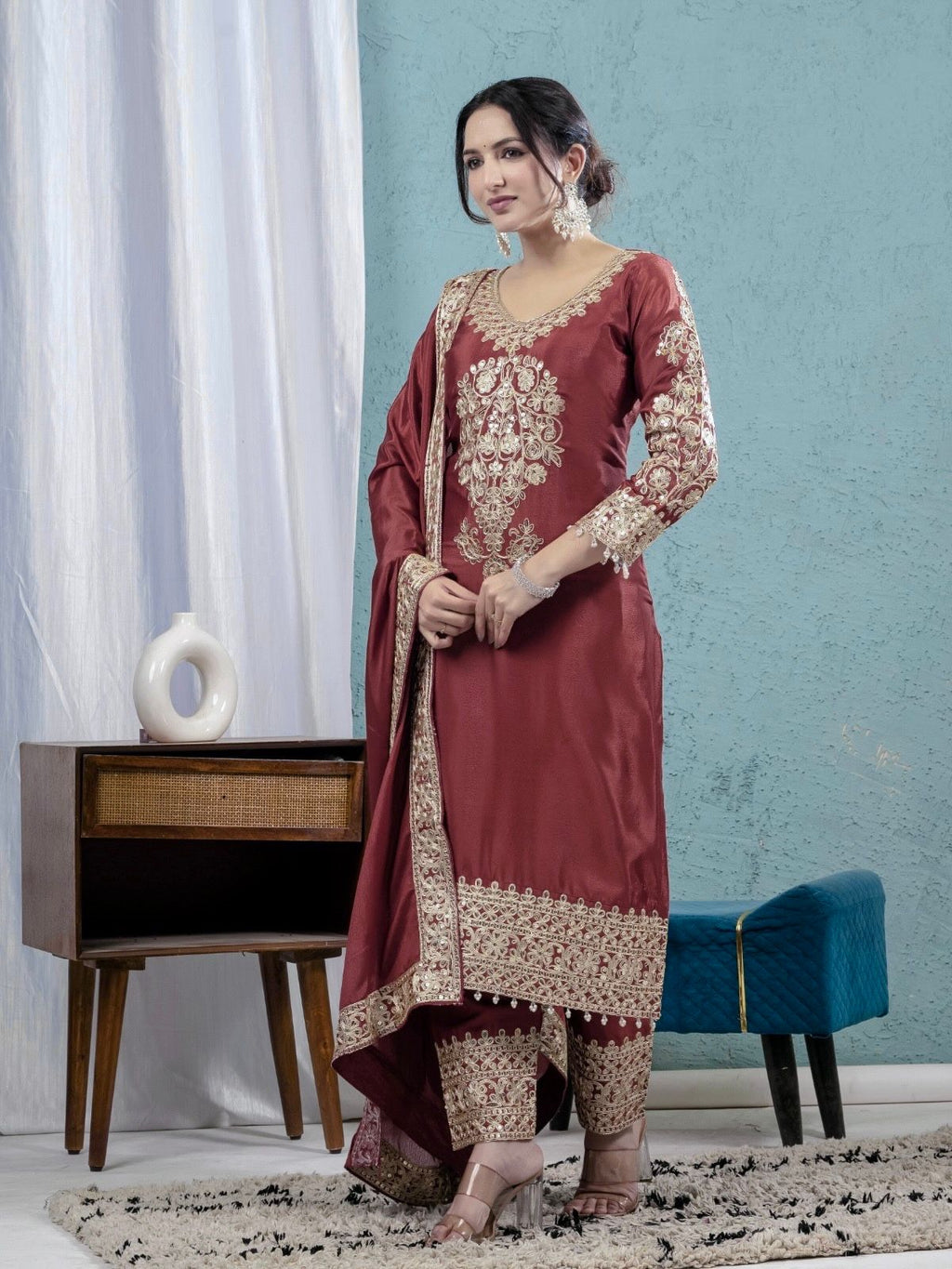 Pure Heavy Chinnon Silk With Heavy Embroidery Top Pant Set