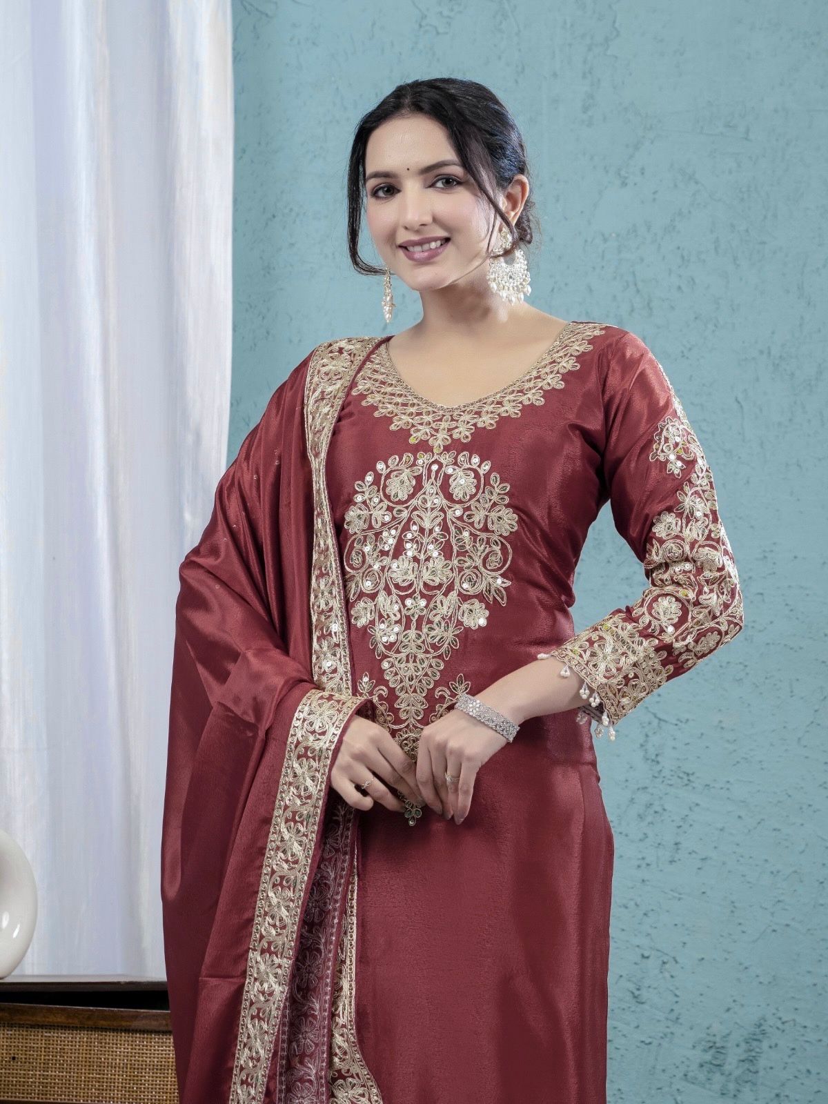 Pure Heavy Chinnon Silk With Heavy Embroidery Top Pant Set