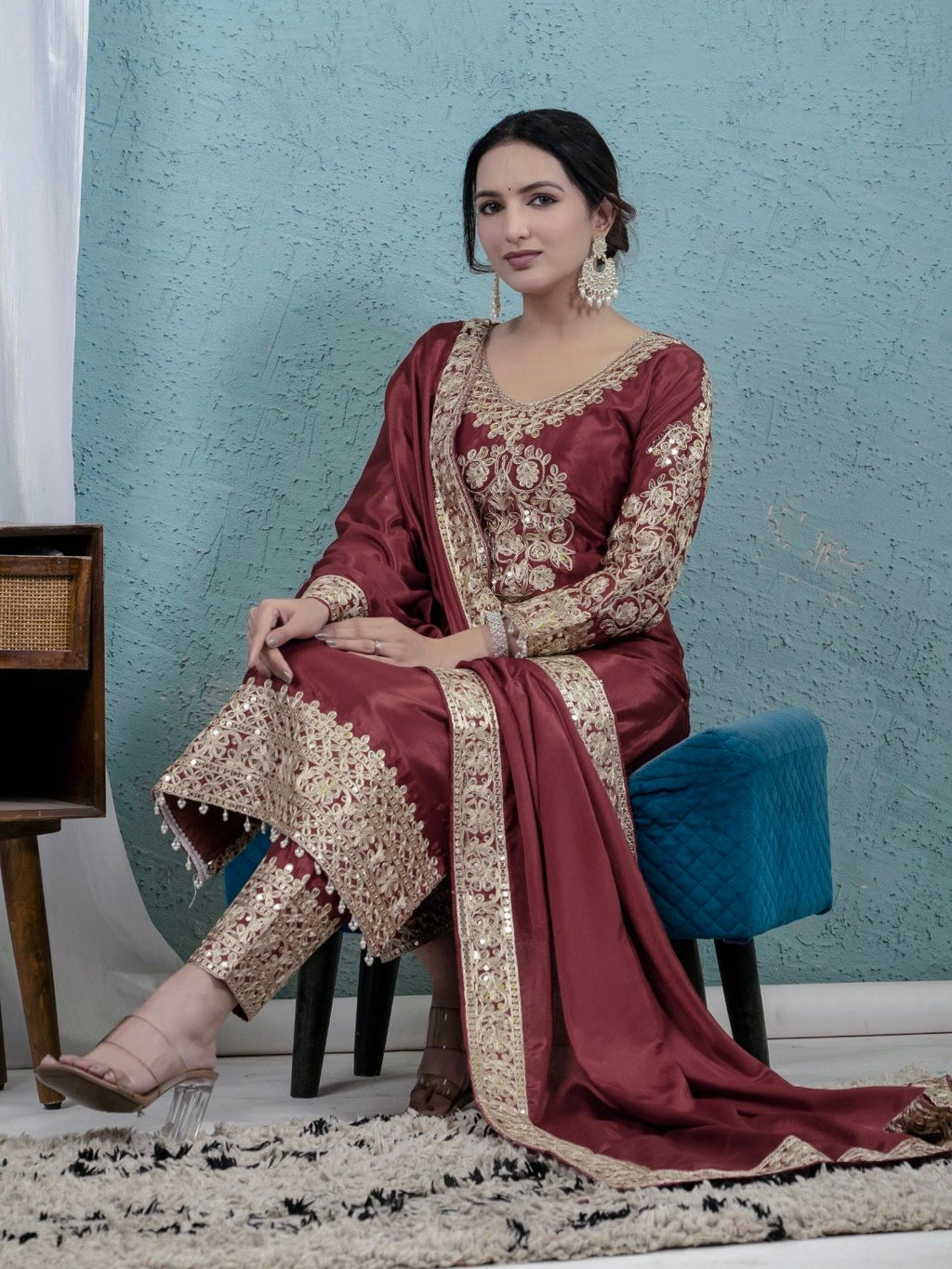 Pure Heavy Chinnon Silk With Heavy Embroidery Top Pant Set