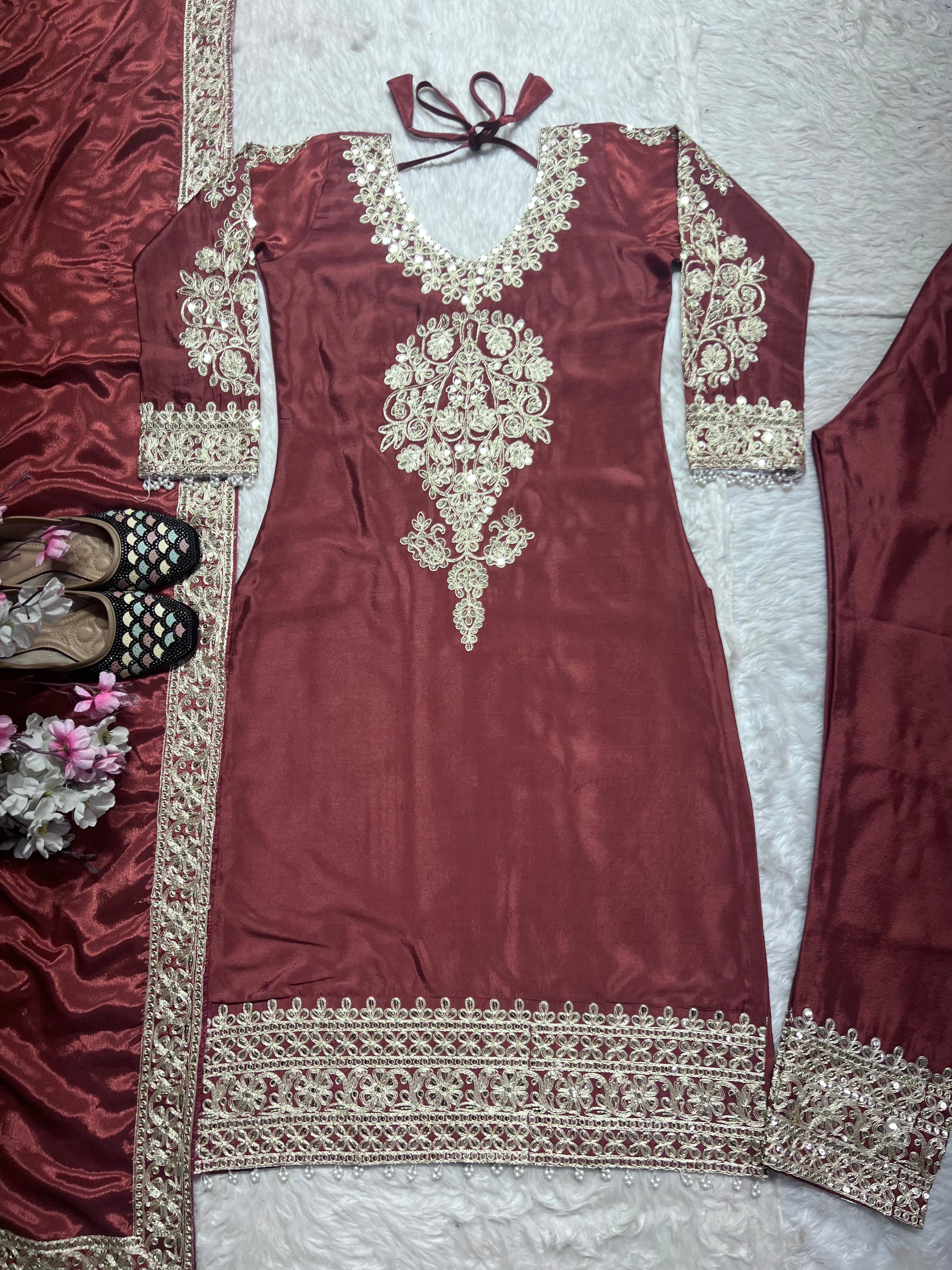 Pure Heavy Chinnon Silk With Heavy Embroidery Top Pant Set