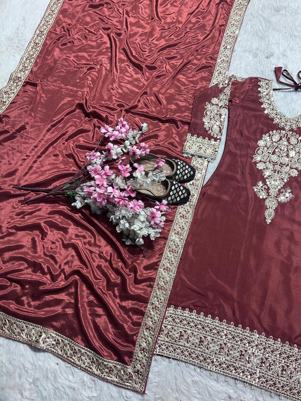 Pure Heavy Chinnon Silk With Heavy Embroidery Top Pant Set