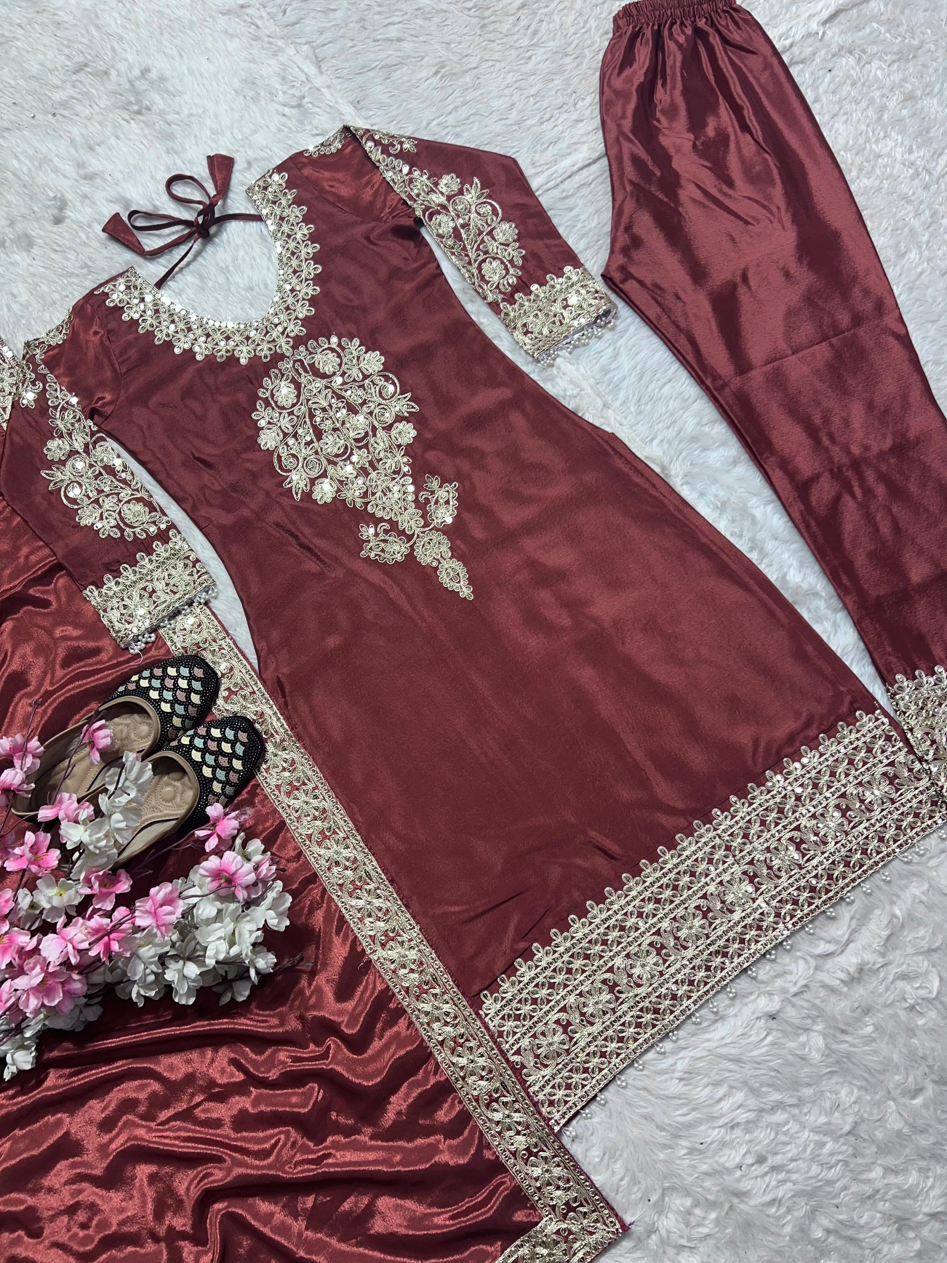 Pure Heavy Chinnon Silk With Heavy Embroidery Top Pant Set