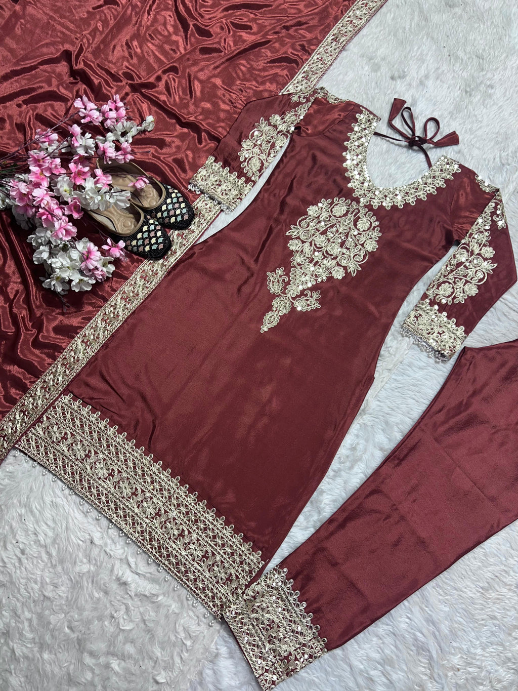 Pure Heavy Chinnon Silk With Heavy Embroidery Top Pant Set