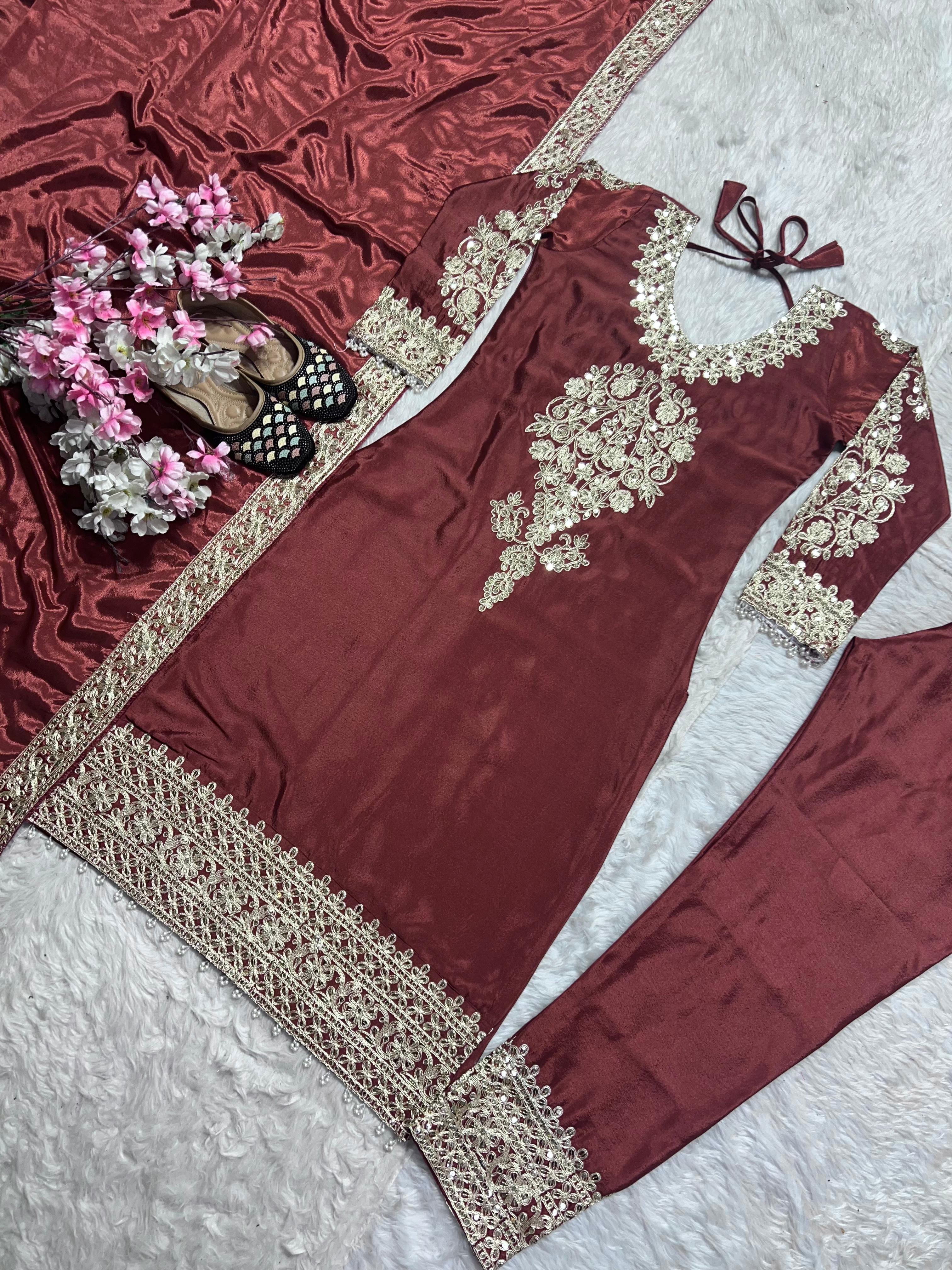 Pure Heavy Chinnon Silk With Heavy Embroidery Top Pant Set