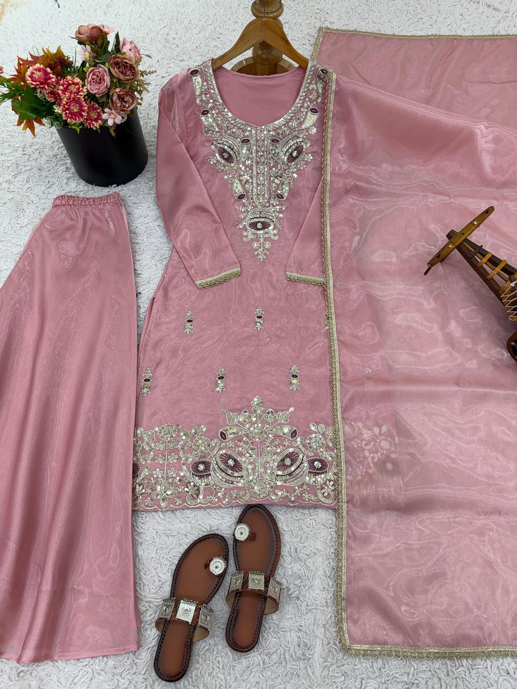 New Ready-made Collection With Silky 😍 Silk And Heavy Embroidery Sequence Work Top-Sharara