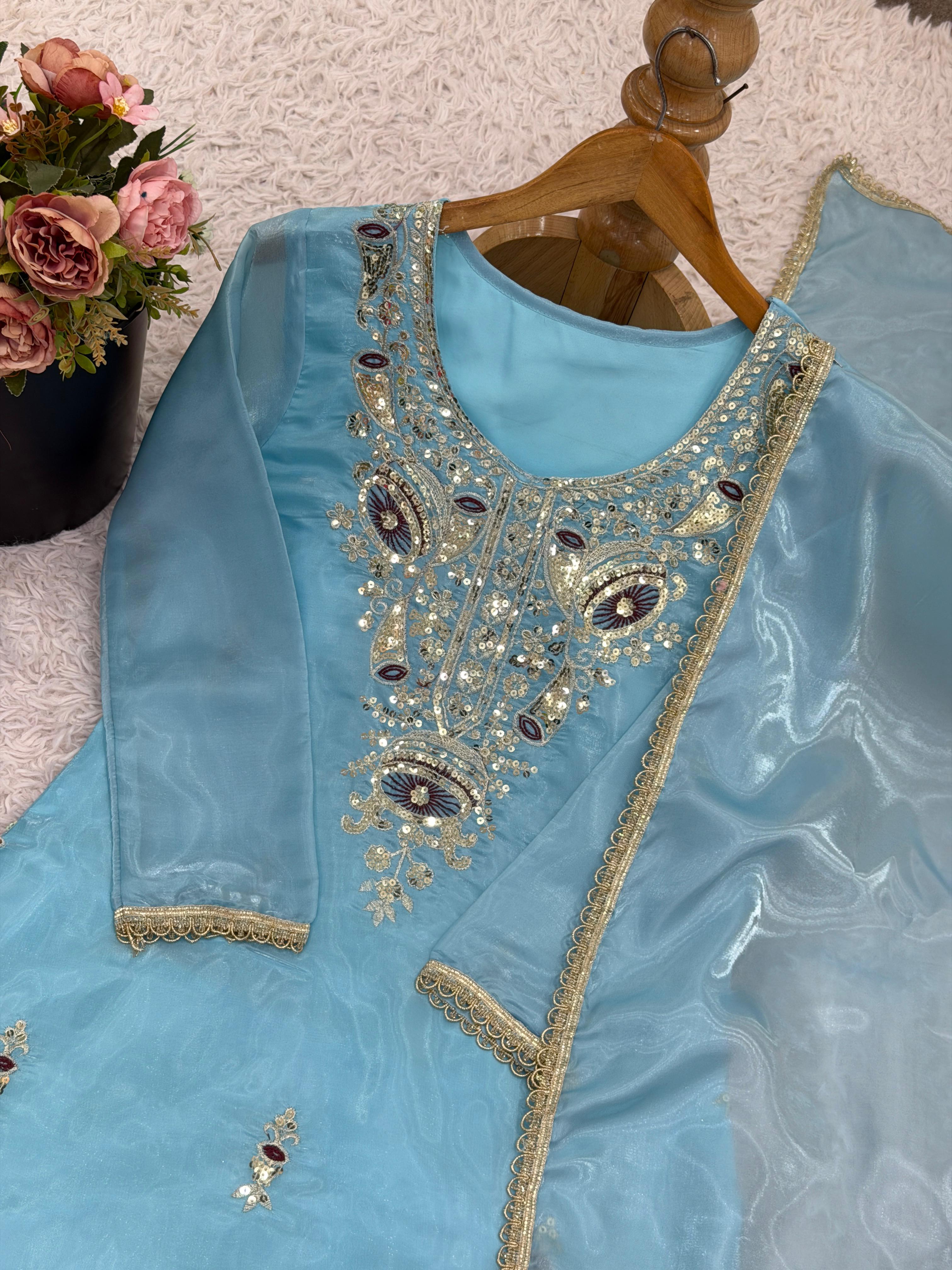 New Ready-made Collection With Silky 😍 Silk And Heavy Embroidery Sequence Work Top-Sharara