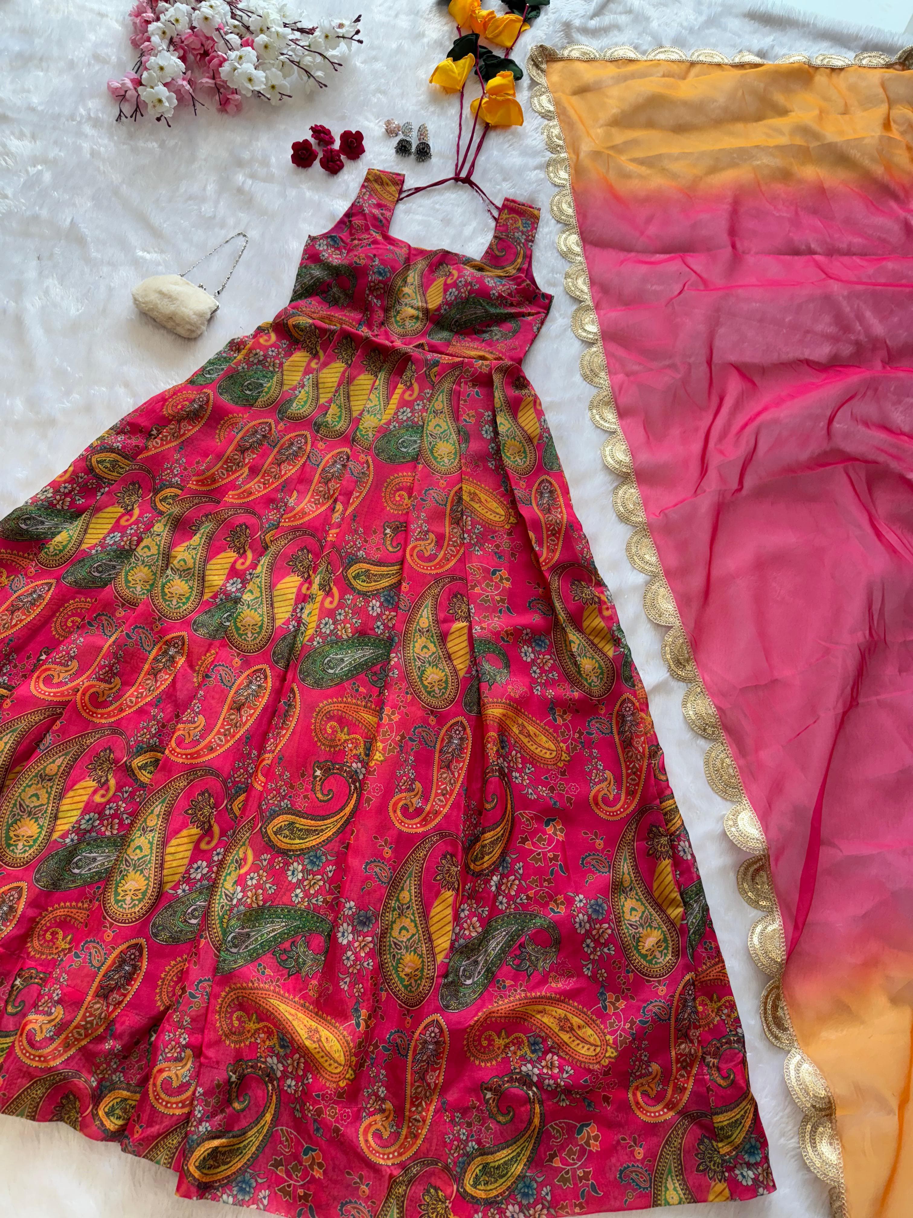 Anarkali gown - Digital printed Jimmy organza silk suit with huge flair 🌸