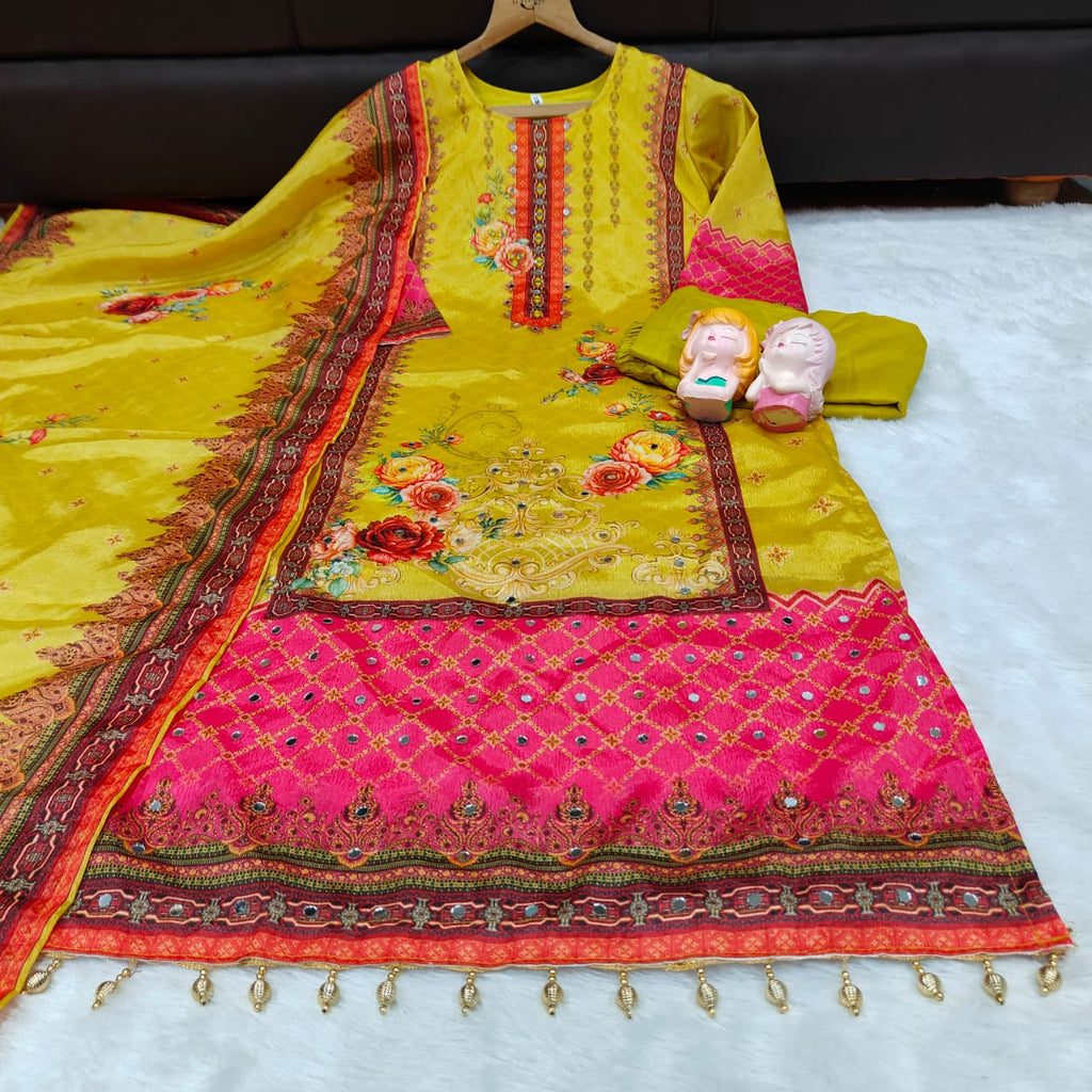 Premium Chinon febric Pakistani Floral print and embroidery mirror works 3-Piece Suit Set