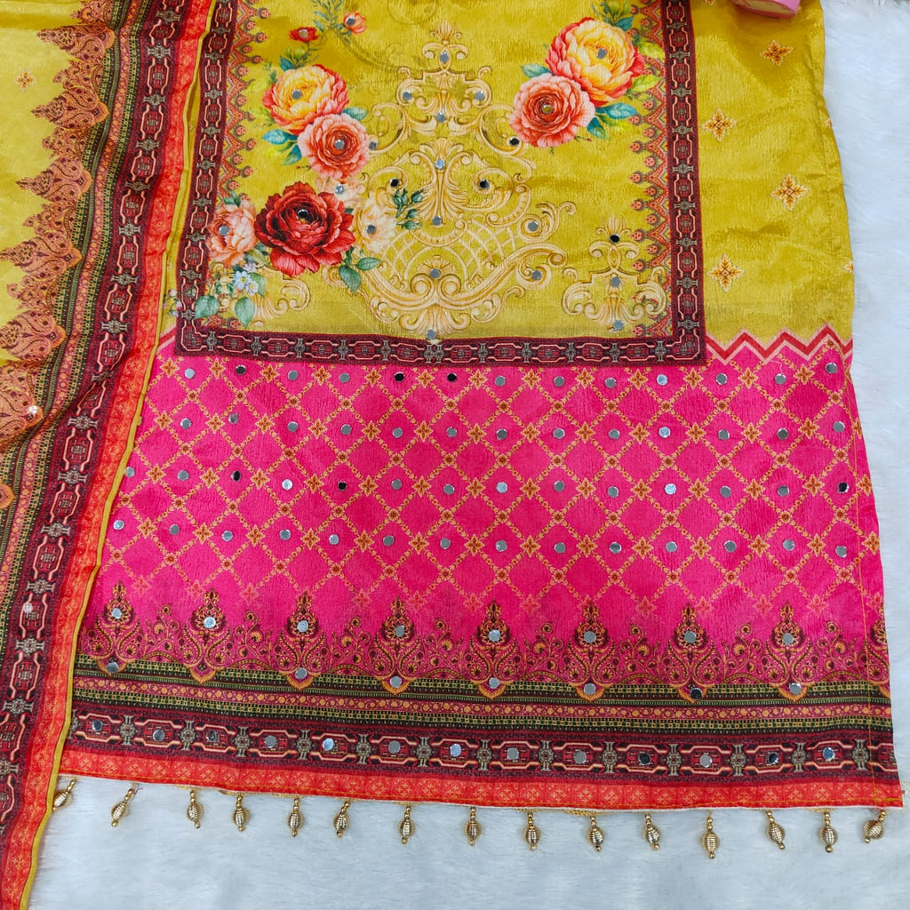 Premium Chinon febric Pakistani Floral print and embroidery mirror works 3-Piece Suit Set