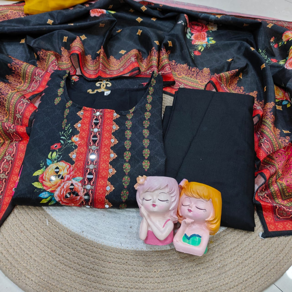 Premium Chinon febric Pakistani Floral print and embroidery mirror works 3-Piece Suit Set