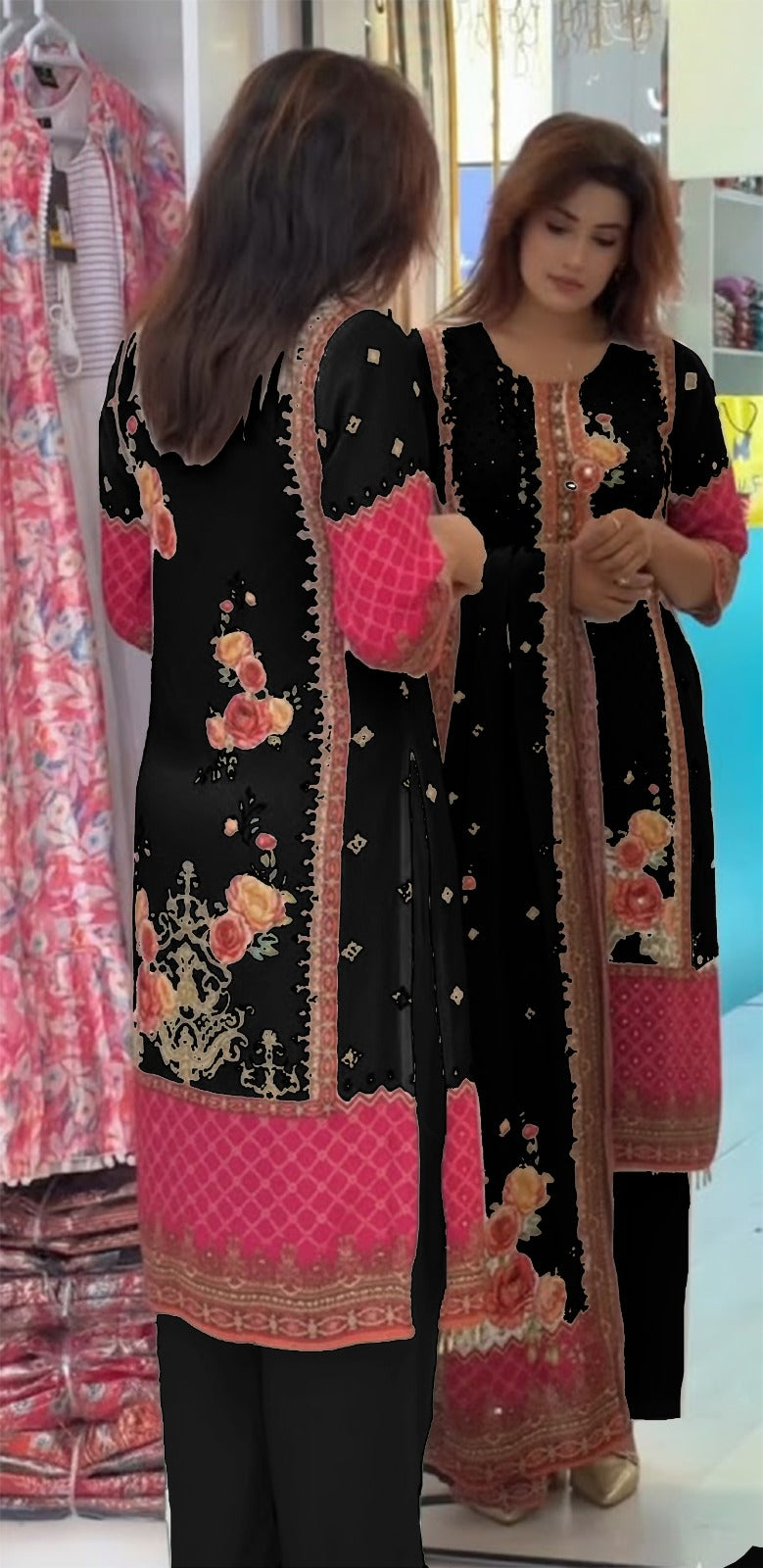 Premium Chinon febric Pakistani Floral print and embroidery mirror works 3-Piece Suit Set