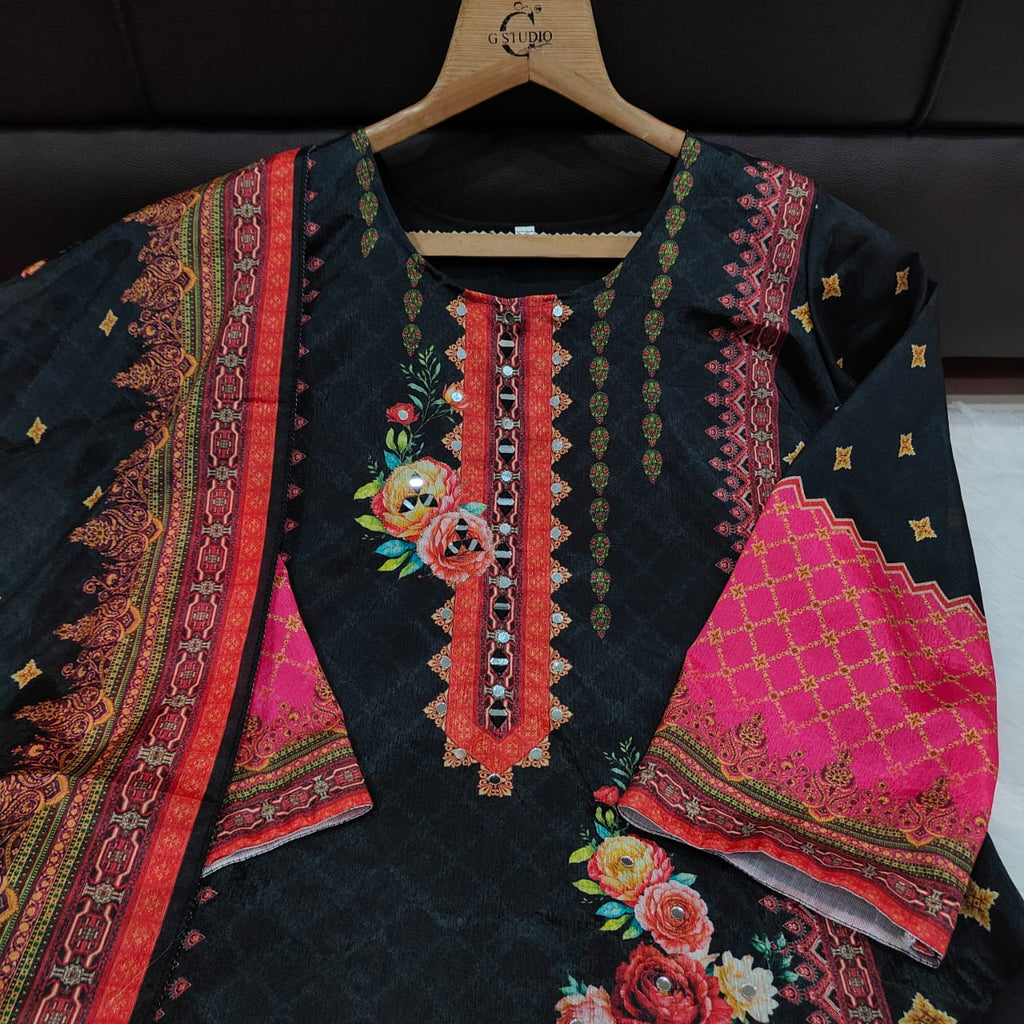 Premium Chinon febric Pakistani Floral print and embroidery mirror works 3-Piece Suit Set