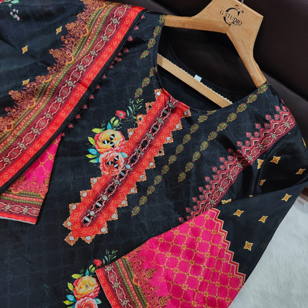 Premium Chinon febric Pakistani Floral print and embroidery mirror works 3-Piece Suit Set