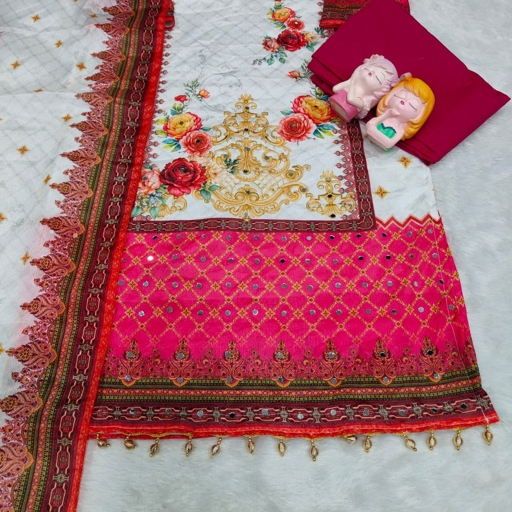 Premium Chinon febric Pakistani Floral print and embroidery mirror works 3-Piece Suit Set