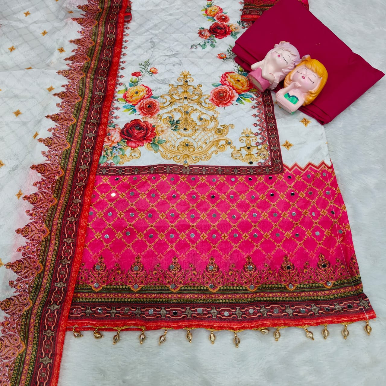 Premium Chinon febric Pakistani Floral print and embroidery mirror works 3-Piece Suit Set