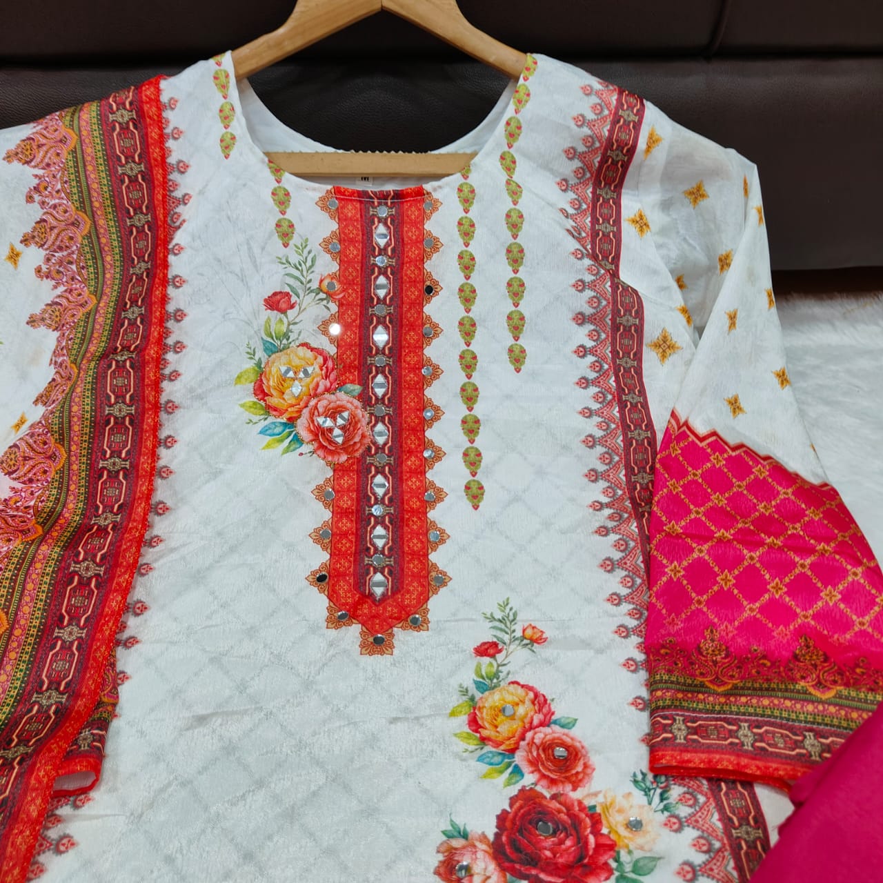 Premium Chinon febric Pakistani Floral print and embroidery mirror works 3-Piece Suit Set