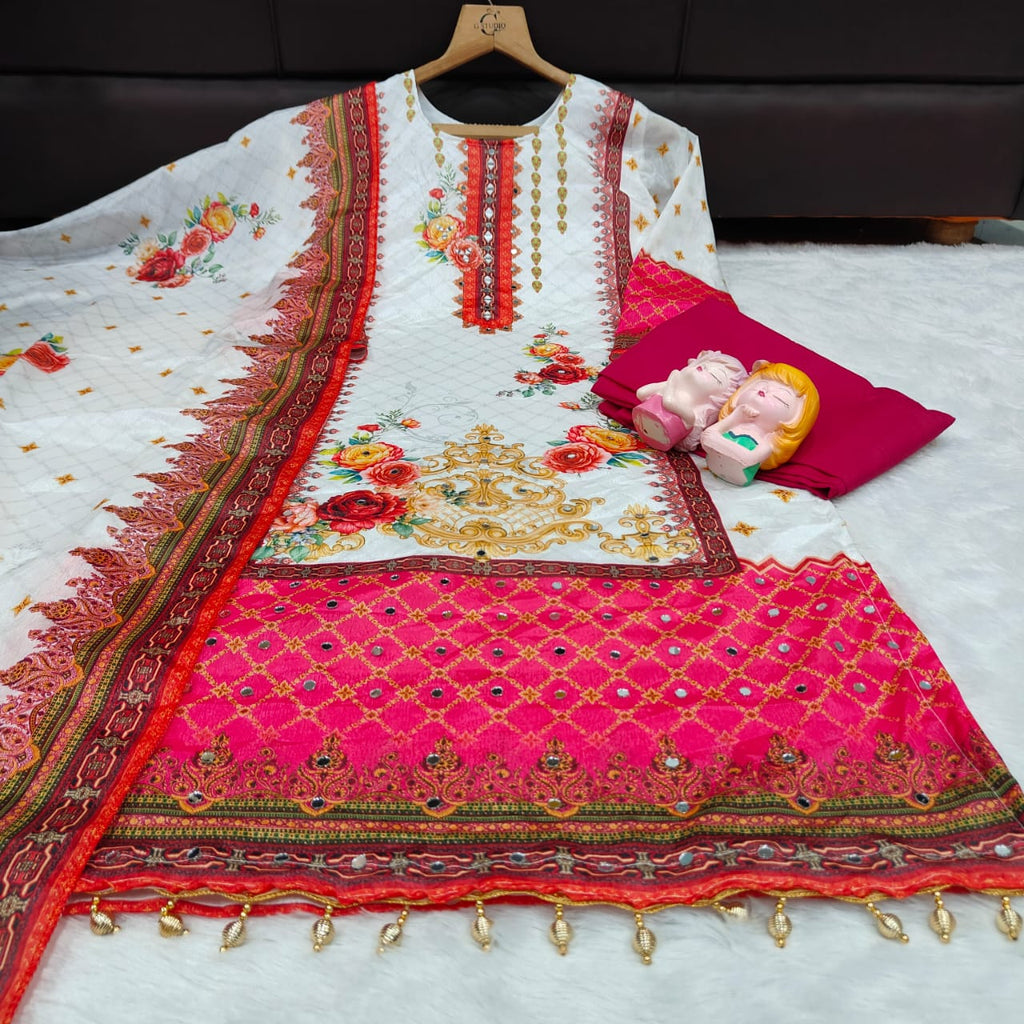 Premium Chinon febric Pakistani Floral print and embroidery mirror works 3-Piece Suit Set