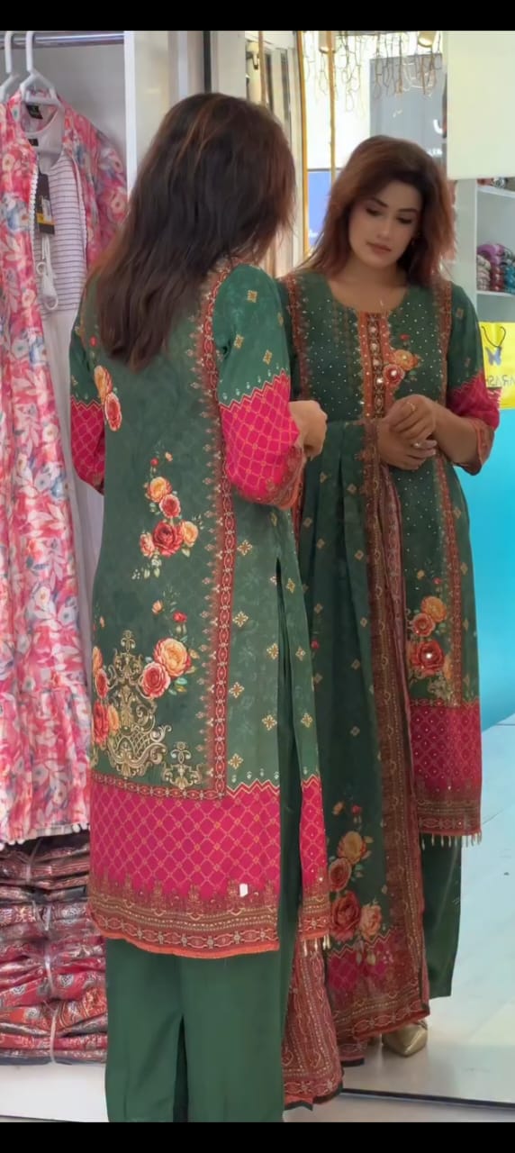 Premium Chinon febric Pakistani Floral print and embroidery mirror works 3-Piece Suit Set