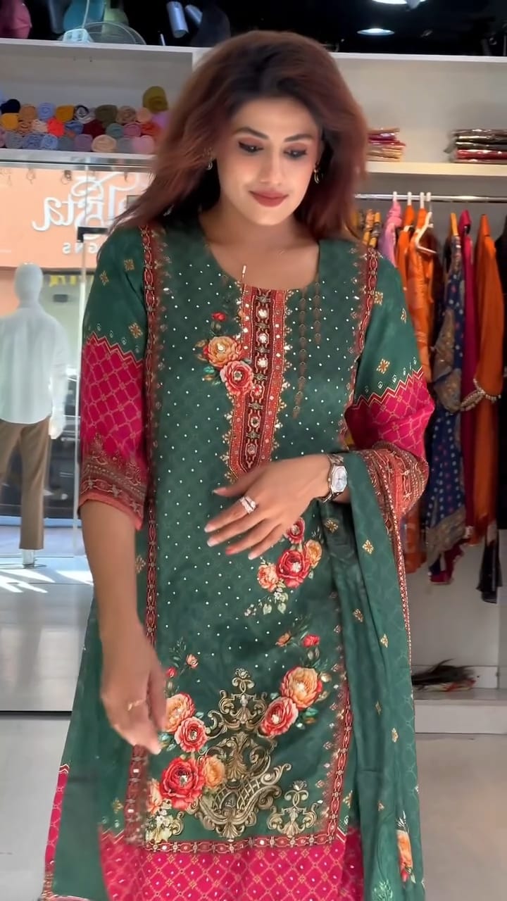Premium Chinon febric Pakistani Floral print and embroidery mirror works 3-Piece Suit Set