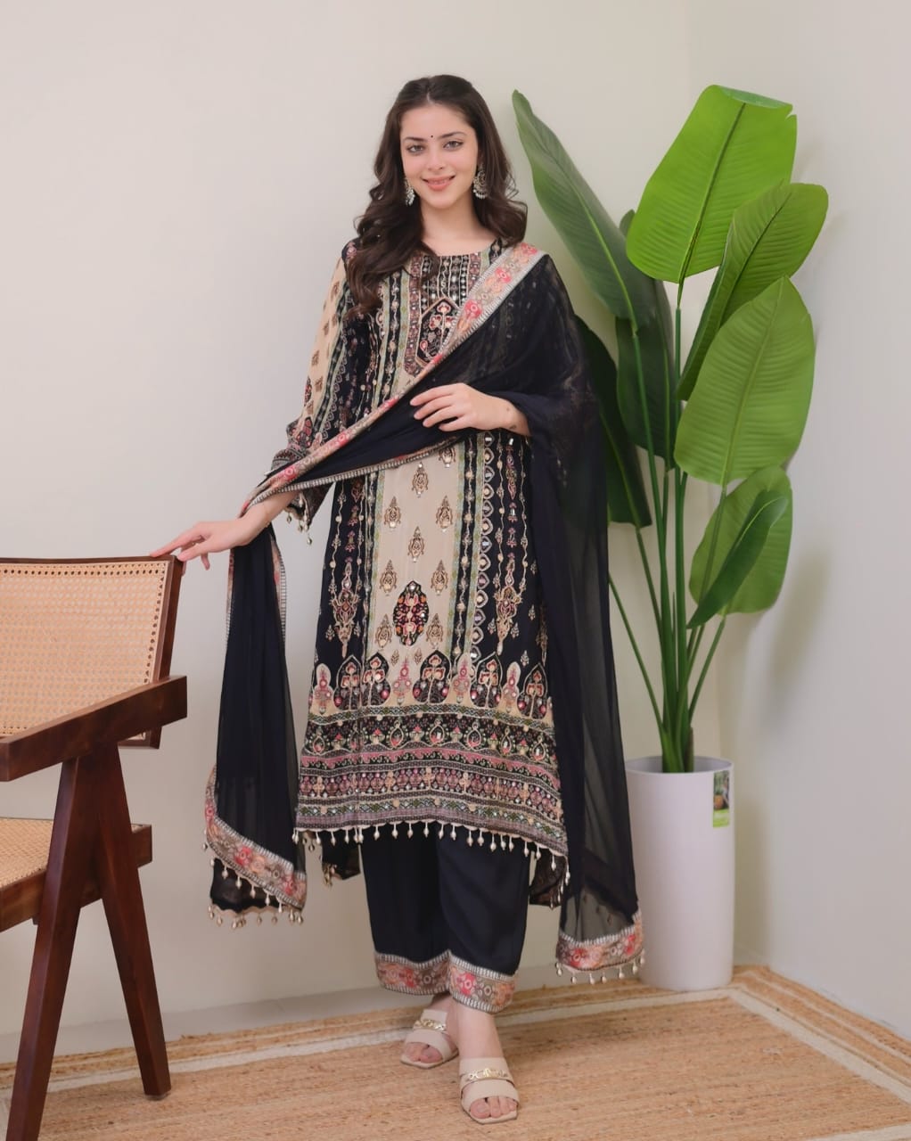 JAYPURI TRENDING  TOP WITH PRINTED WORK WITH MIROR WORK WITH PLAZZO AND DUPATTA