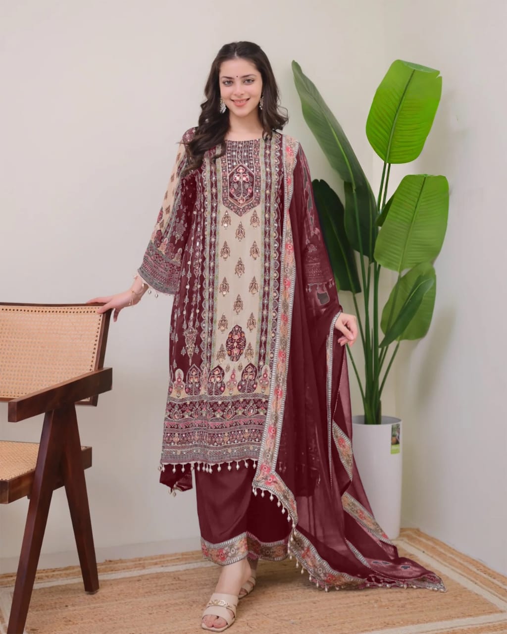 JAYPURI TRENDING  TOP WITH PRINTED WORK WITH MIROR WORK WITH PLAZZO AND DUPATTA