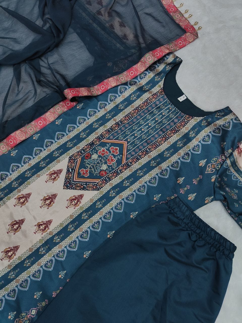 JAYPURI TRENDING  TOP WITH PRINTED WORK WITH MIROR WORK WITH PLAZZO AND DUPATTA