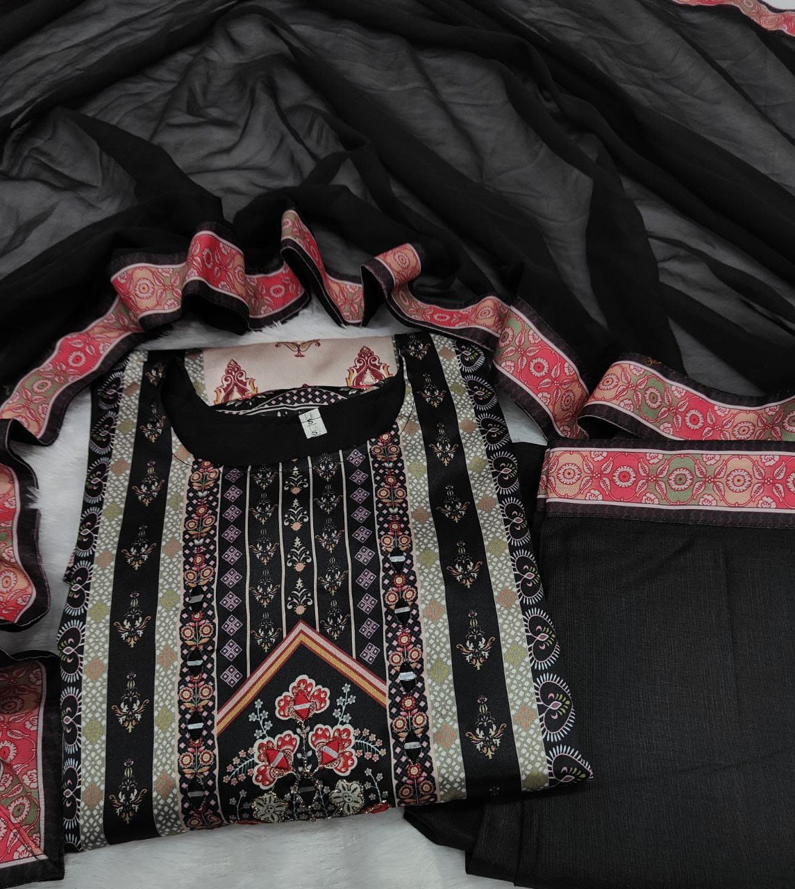 JAYPURI TRENDING  TOP WITH PRINTED WORK WITH MIROR WORK WITH PLAZZO AND DUPATTA