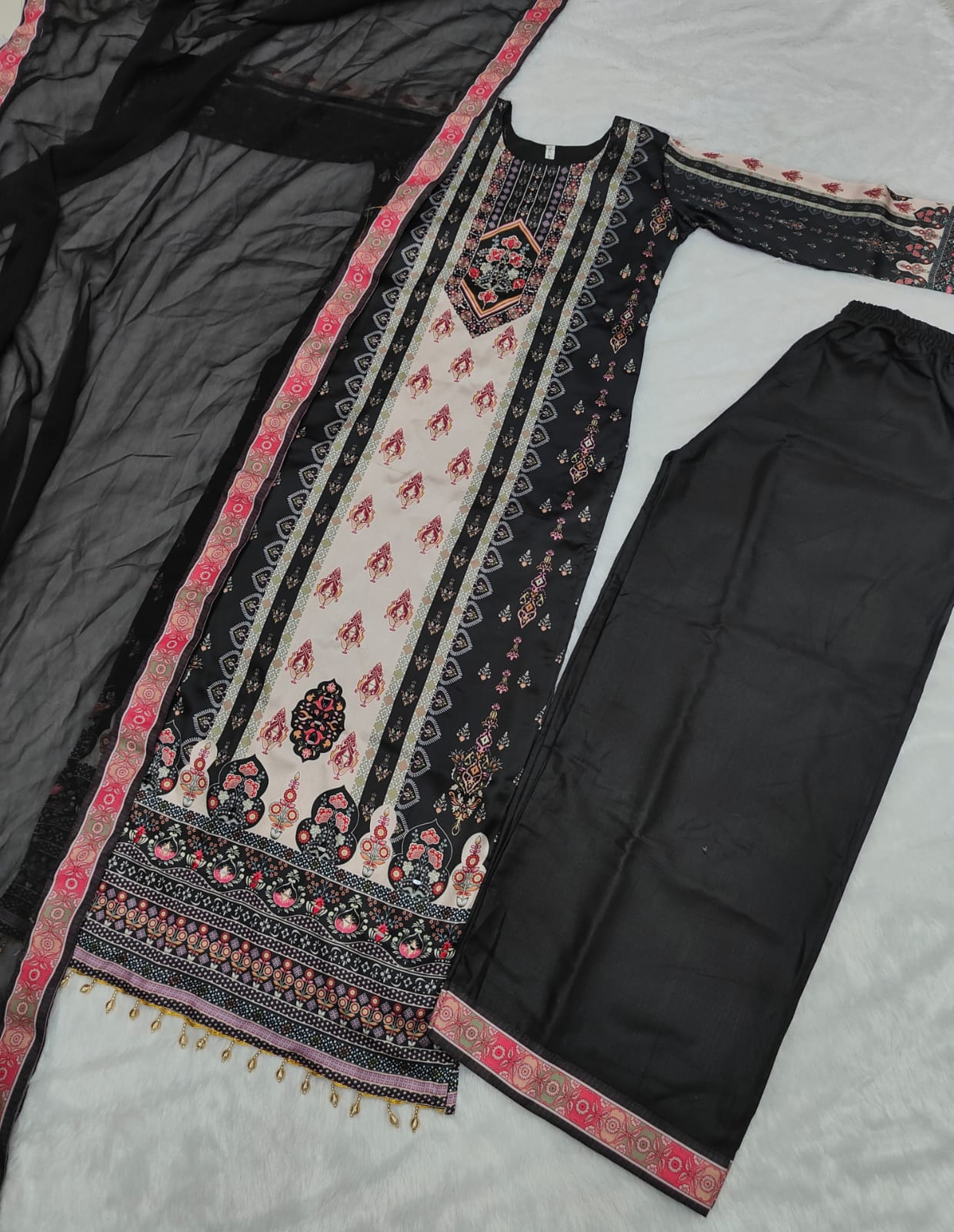 JAYPURI TRENDING  TOP WITH PRINTED WORK WITH MIROR WORK WITH PLAZZO AND DUPATTA