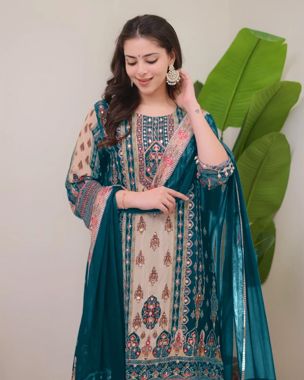 JAYPURI TRENDING  TOP WITH PRINTED WORK WITH MIROR WORK WITH PLAZZO AND DUPATTA