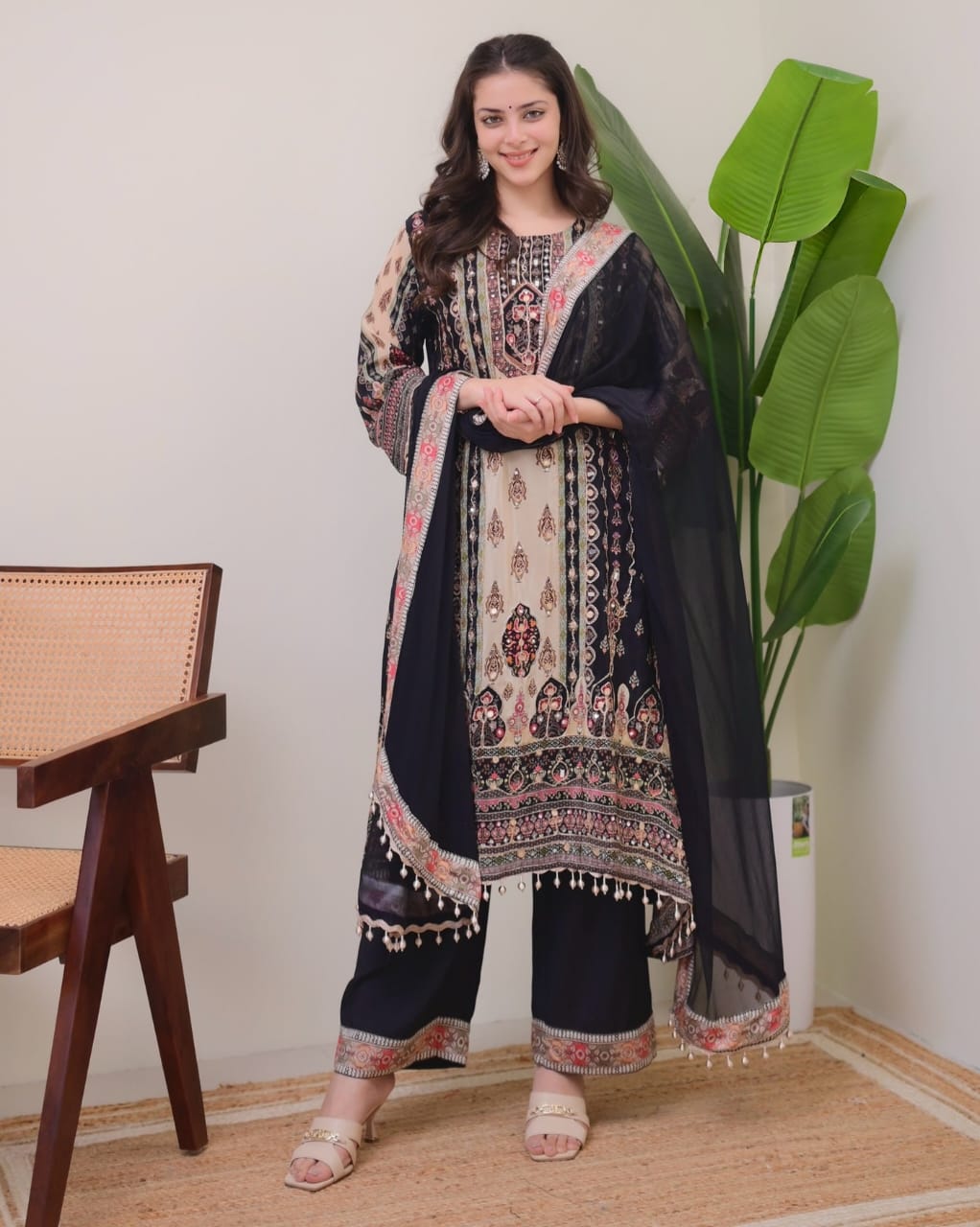 JAYPURI TRENDING  TOP WITH PRINTED WORK WITH MIROR WORK WITH PLAZZO AND DUPATTA