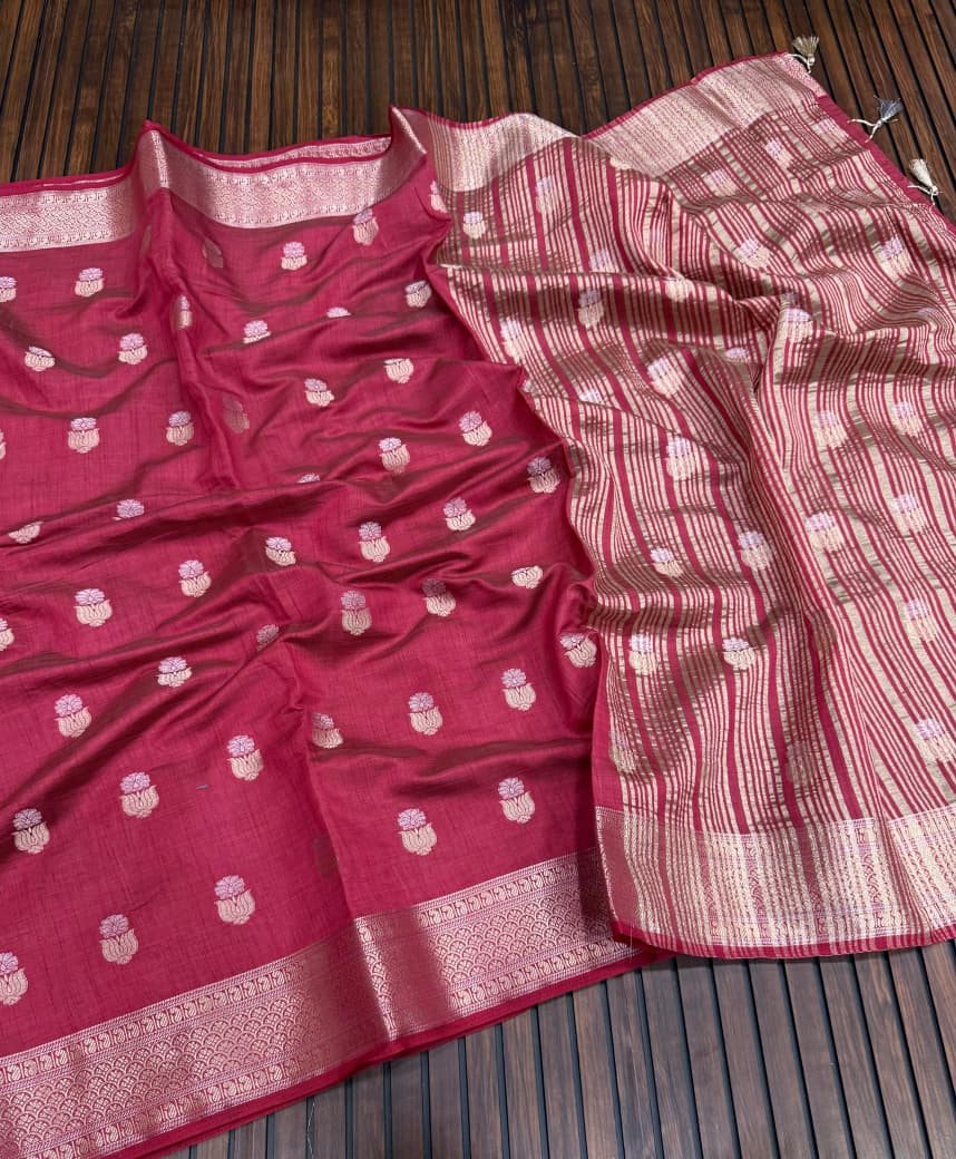 Pure Tuser Silk Jaqurad Weaving Lotus sari