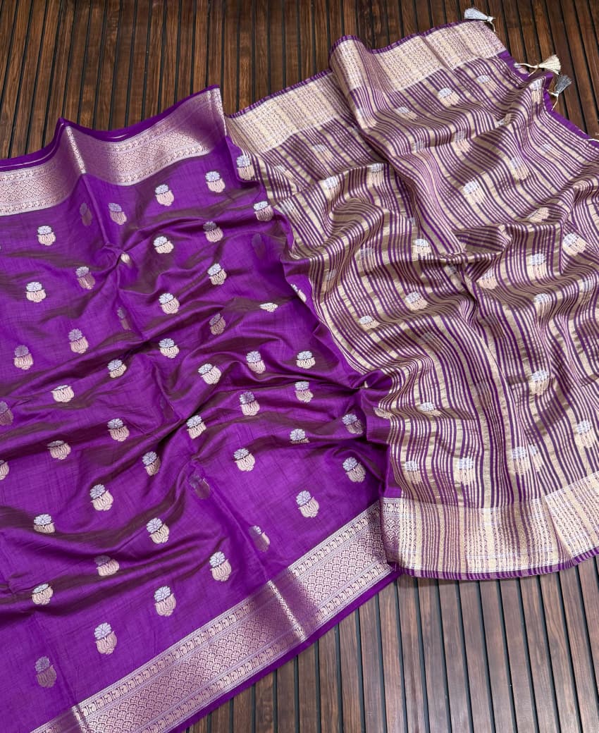 Pure Tuser Silk Jaqurad Weaving Lotus sari
