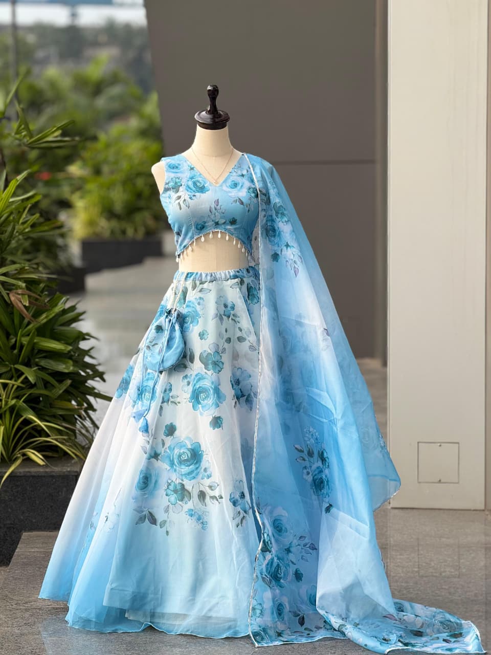 Pure organza silk digital printed lehenga