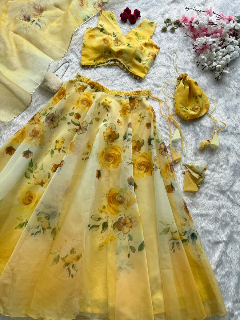 Pure organza silk digital printed lehenga